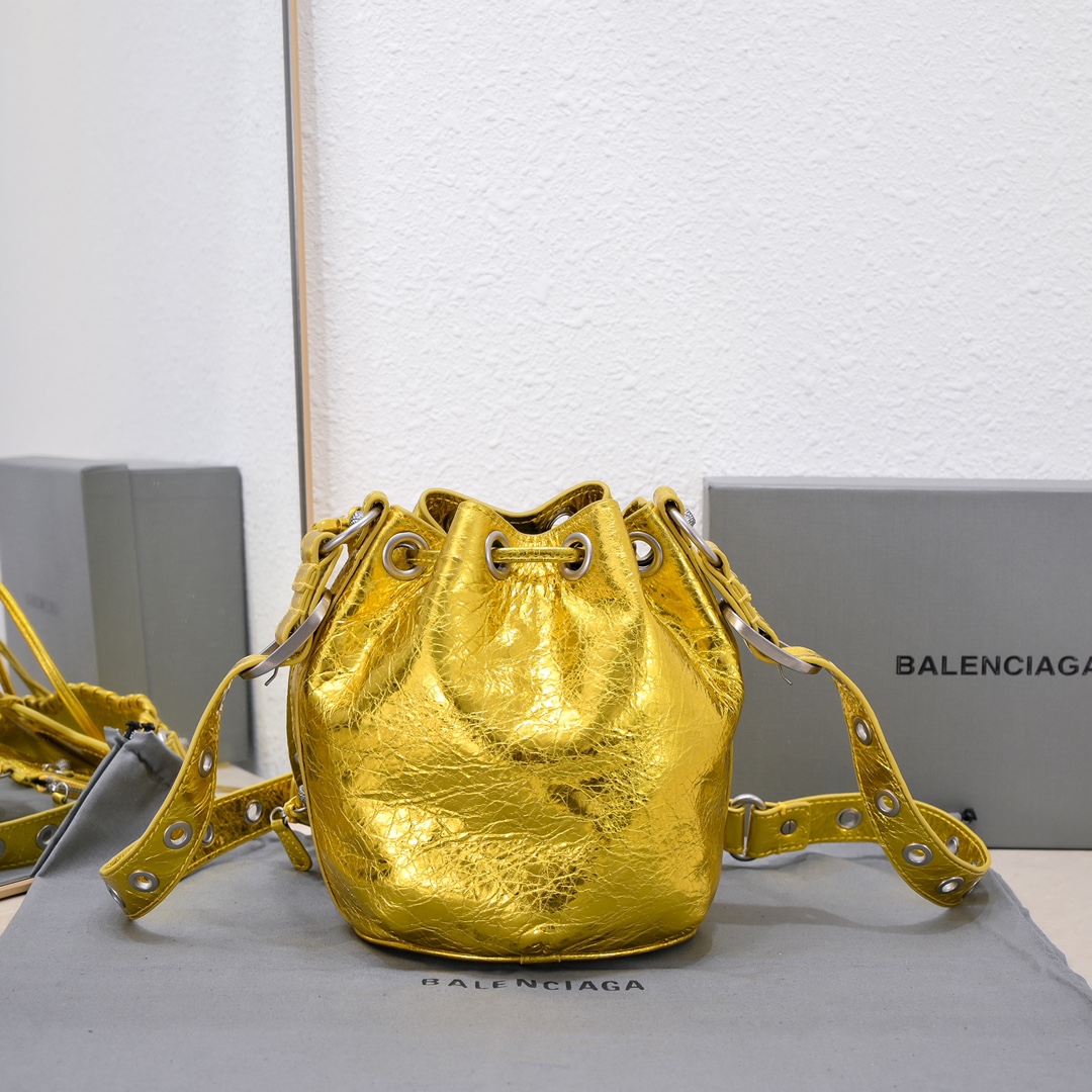Balenciaga Le Cagole Xs Bucket Bag Metallized With Rhinestones In Gold Tone/Sliver Tone/Grey For Women 7.8in/20 cm