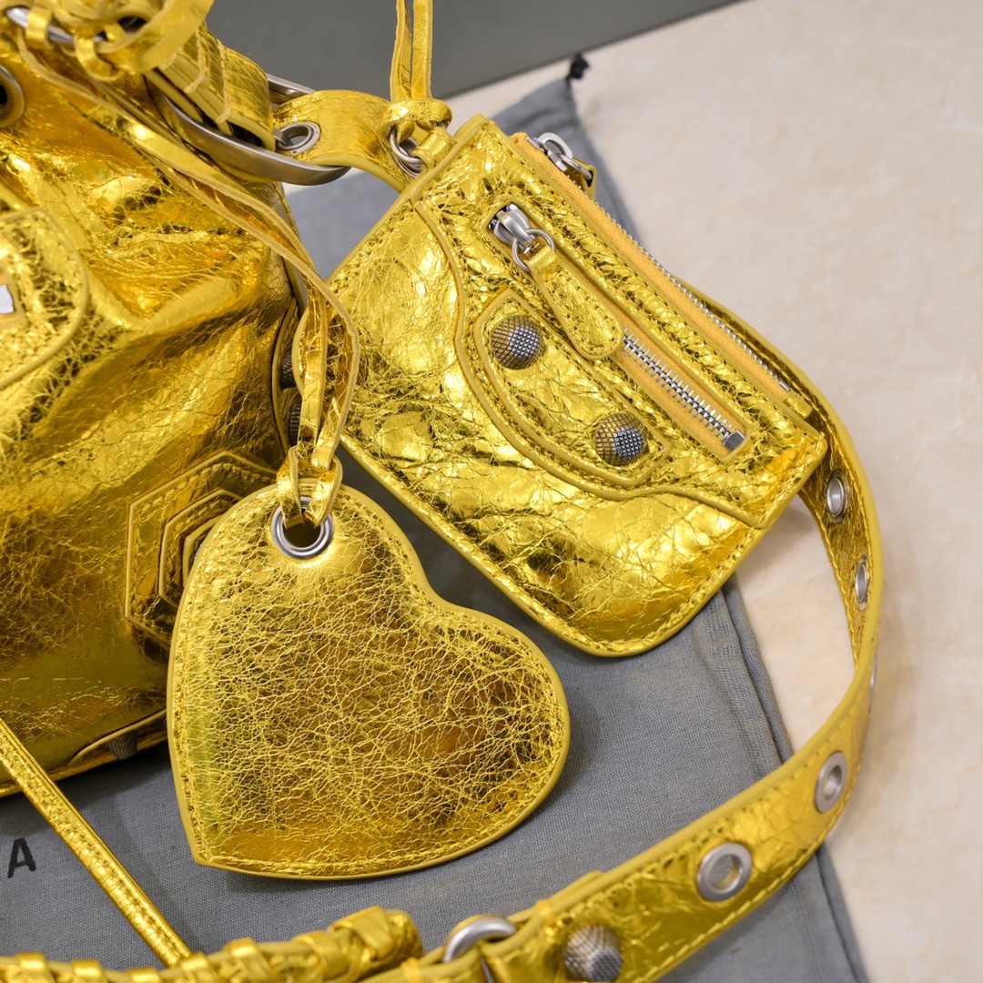 Balenciaga Le Cagole Xs Bucket Bag Metallized With Rhinestones In Gold Tone/Sliver Tone/Grey For Women 7.8in/20 cm