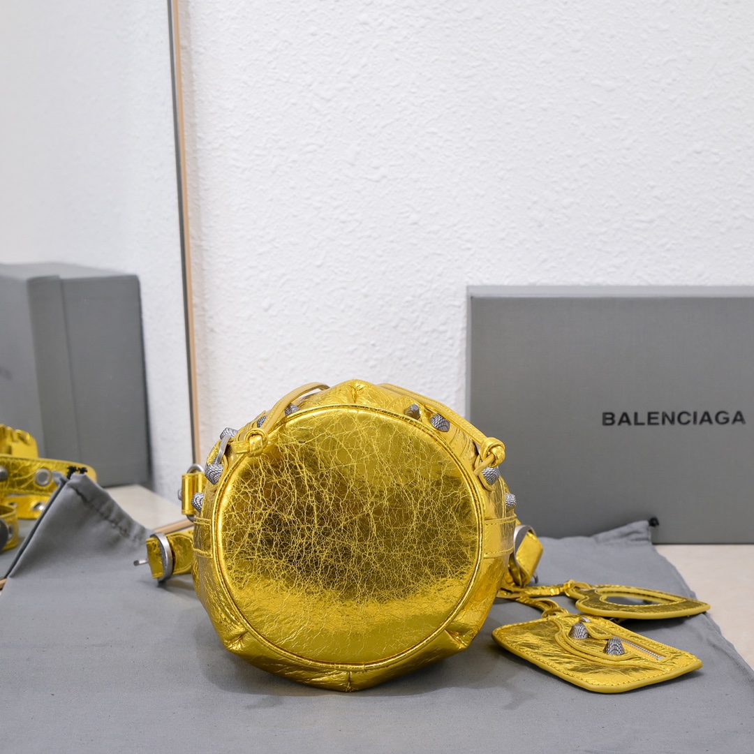 Balenciaga Le Cagole Xs Bucket Bag Metallized With Rhinestones In Gold Tone/Sliver Tone/Grey For Women 7.8in/20 cm