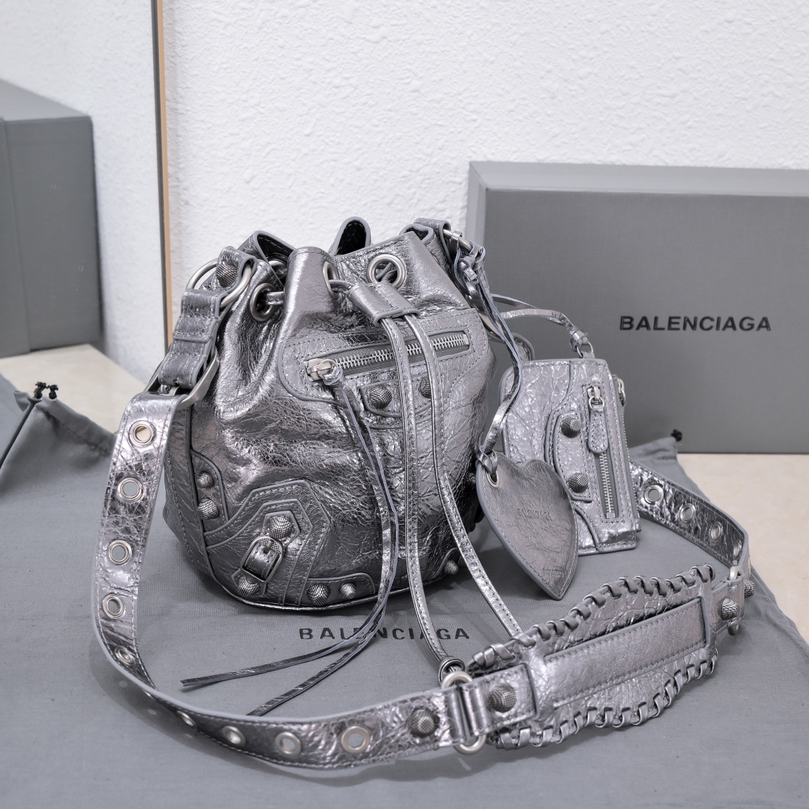 Balenciaga Le Cagole Xs Bucket Bag Metallized With Rhinestones In Gold Tone/Sliver Tone/Grey For Women 7.8in/20 cm