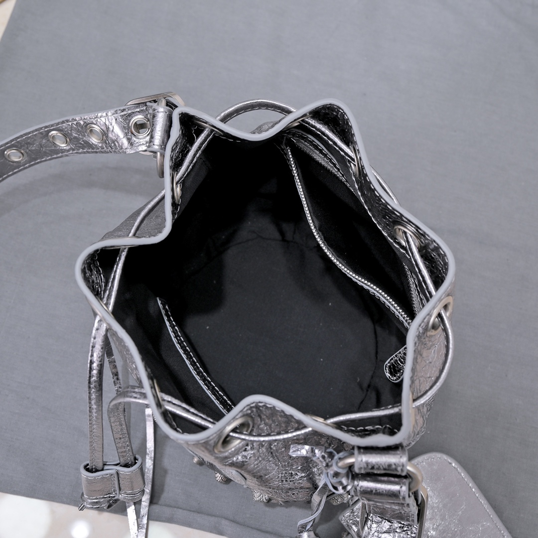 Balenciaga Le Cagole Xs Bucket Bag Metallized With Rhinestones In Gold Tone/Sliver Tone/Grey For Women 7.8in/20 cm