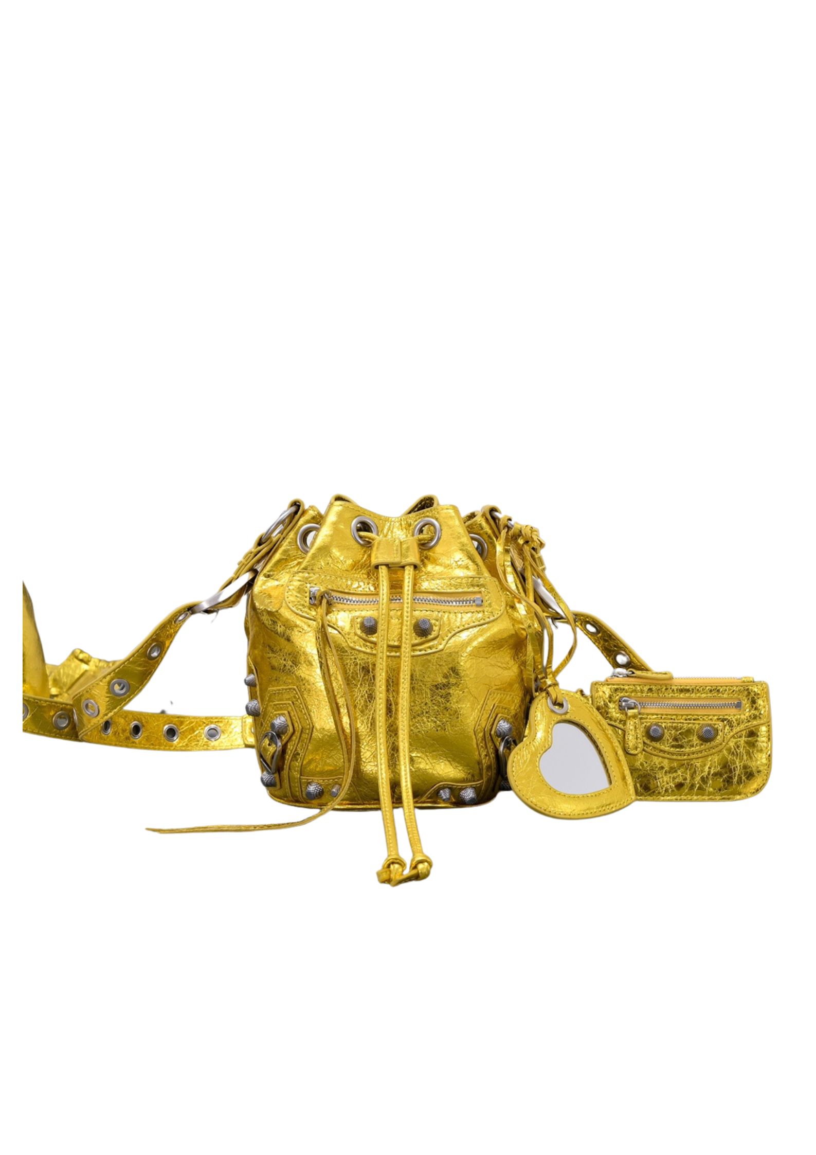Balenciaga Le Cagole Xs Bucket Bag Metallized With Rhinestones In Gold Tone/Sliver Tone/Grey For Women 7.8in/20 cm