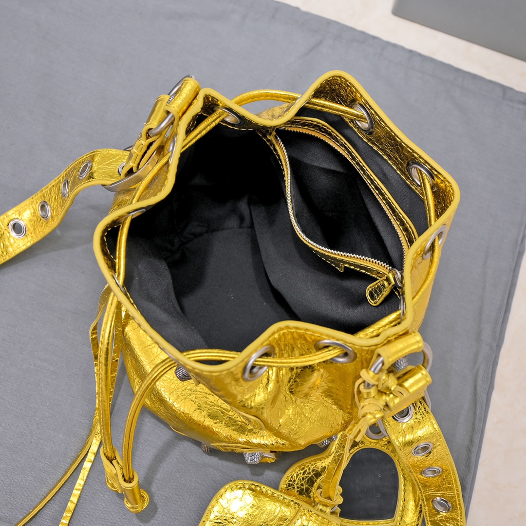 Balenciaga Le Cagole Xs Bucket Bag Metallized With Rhinestones In Gold Tone/Sliver Tone/Grey For Women 7.8in/20 cm