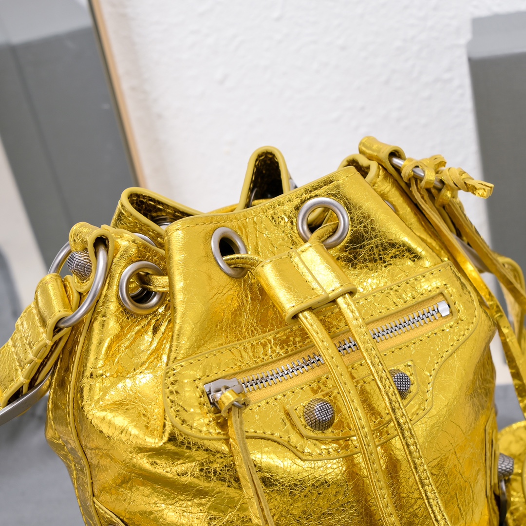 Balenciaga Le Cagole Xs Bucket Bag Metallized With Rhinestones In Gold Tone/Sliver Tone/Grey For Women 7.8in/20 cm