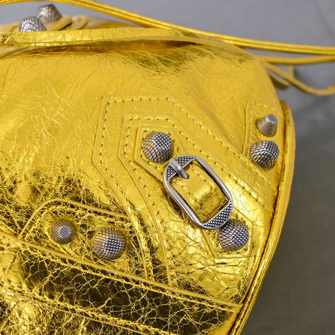 Balenciaga Le Cagole Xs Bucket Bag Metallized With Rhinestones In Gold Tone/Sliver Tone/Grey For Women 7.8in/20 cm