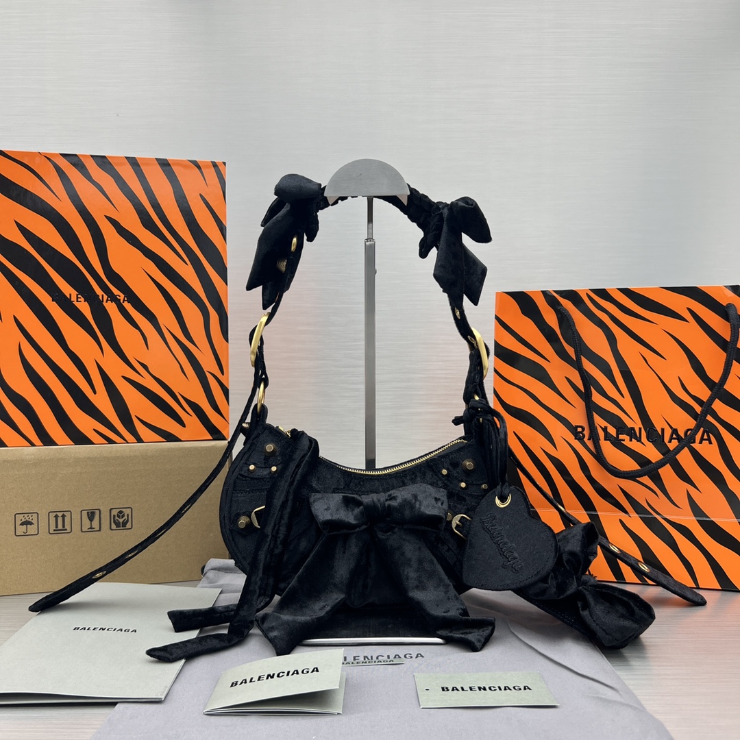 Balenciaga Le Cagole Xs Velvet Bow Shoulder Bag Pink/Blue/Black For Women 10.2 in/26 cm