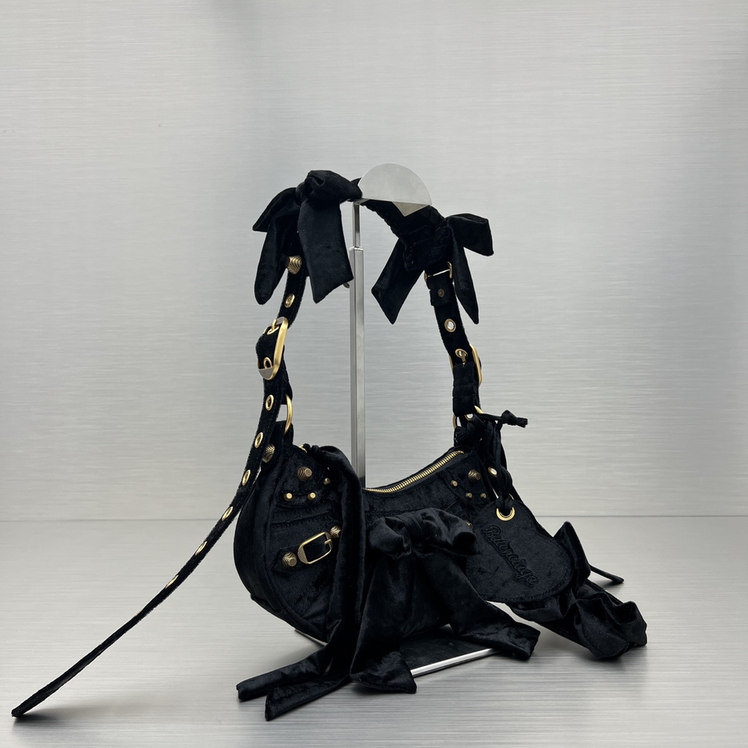 Balenciaga Le Cagole Xs Velvet Bow Shoulder Bag Pink/Blue/Black For Women 10.2 in/26 cm