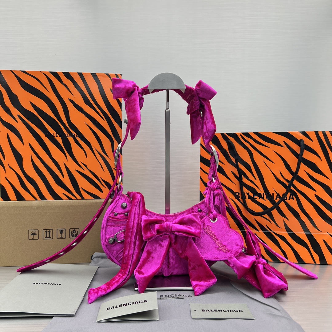 Balenciaga Le Cagole Xs Velvet Bow Shoulder Bag Pink/Blue/Black For Women 10.2 in/26 cm