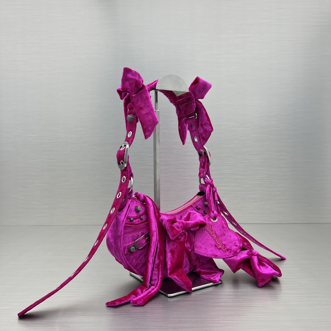 Balenciaga Le Cagole Xs Velvet Bow Shoulder Bag Pink/Blue/Black For Women 10.2 in/26 cm