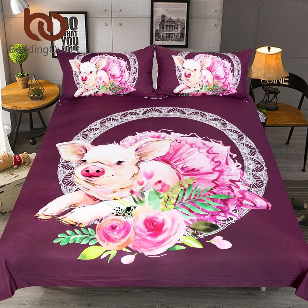 Ballet Pig Cute Piglet With Dress Et Cartoon Pink Roses Floral 3D Customized Duvet Cover Bedding Set