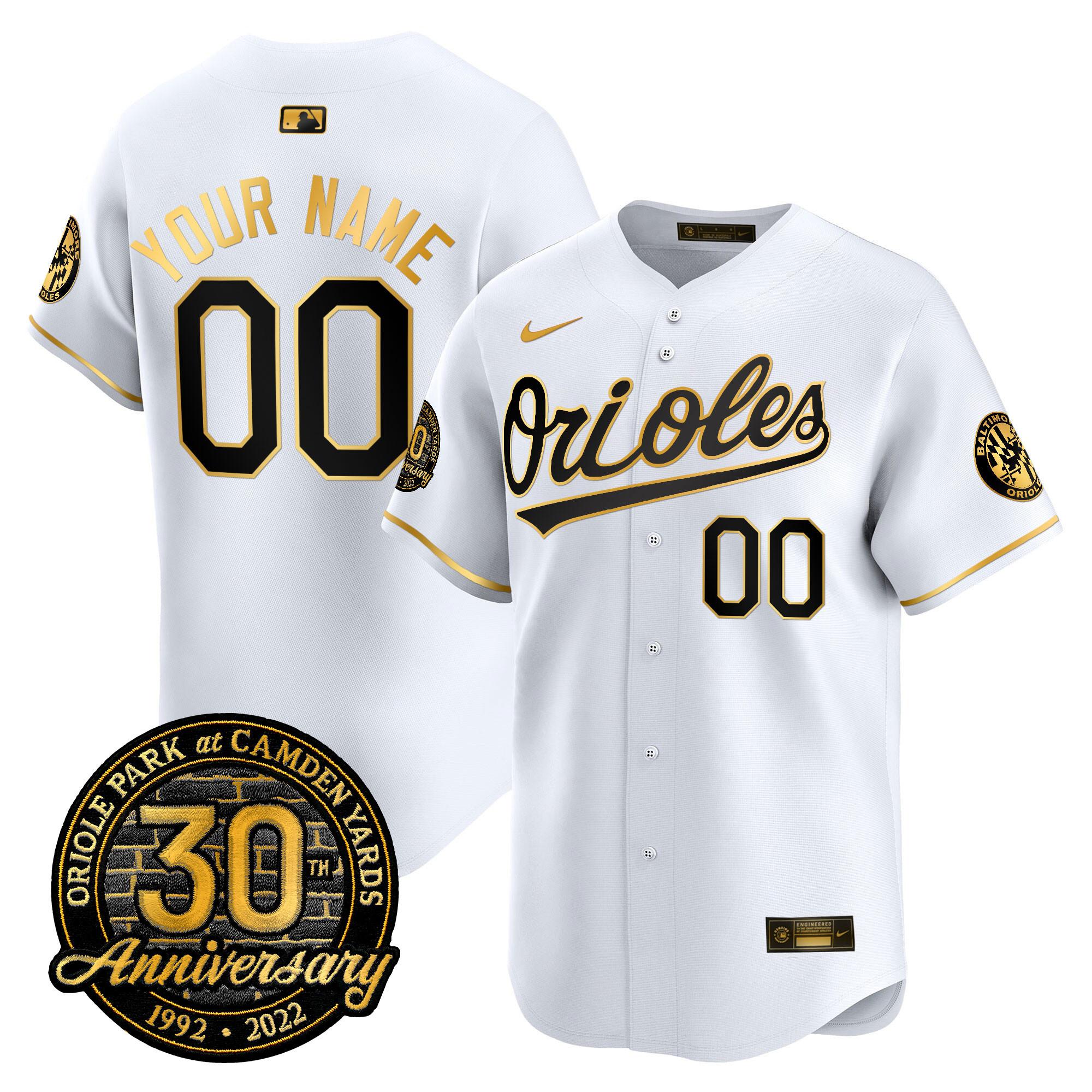 Baltimore Orioles Camden Yards 30th Anniversary Patch Vapor Premier Limited Custom White Gold Jersey - All Stitched