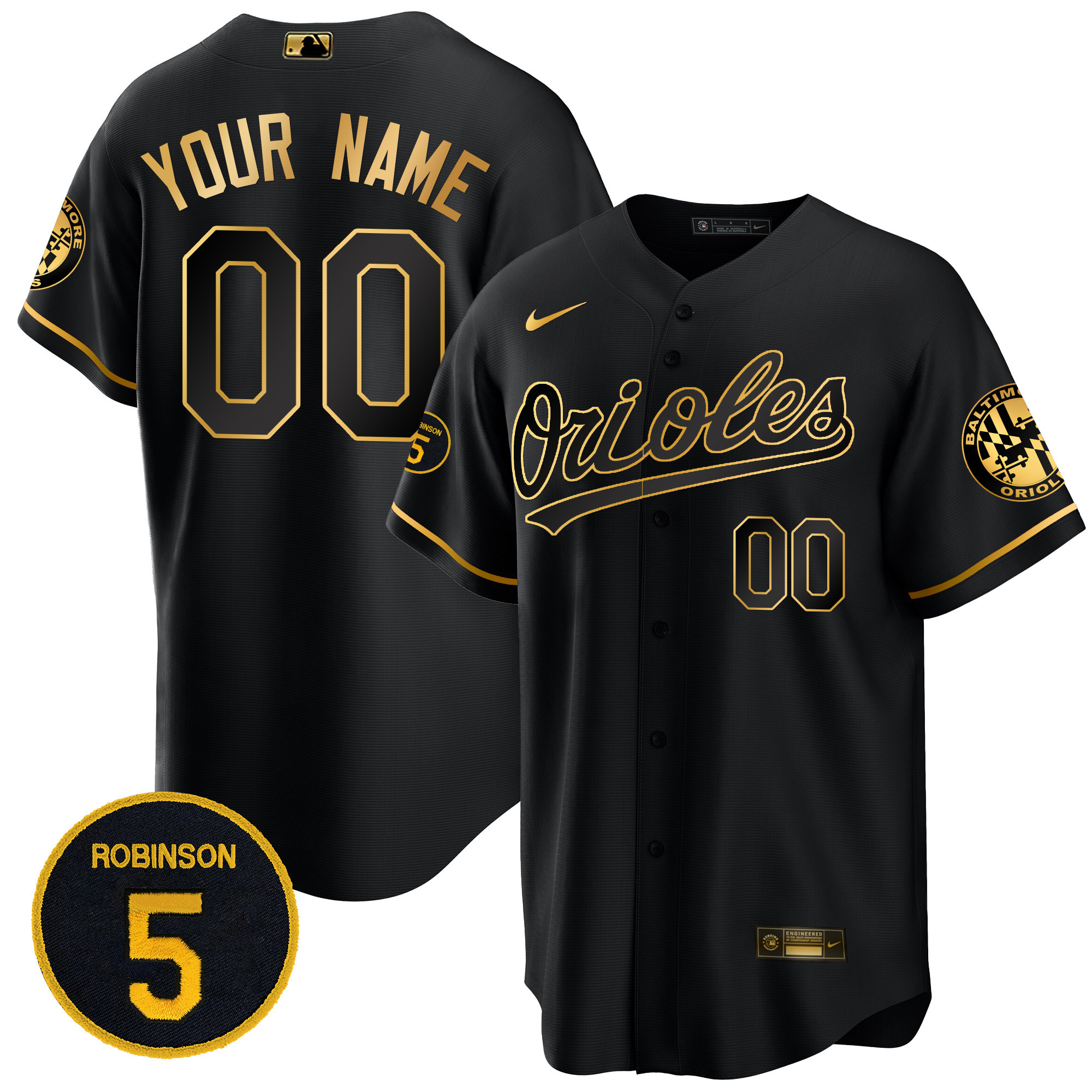 Baltimore Orioles Robinson Patch Cool Base Custom Black Gold Jersey - All Stitched