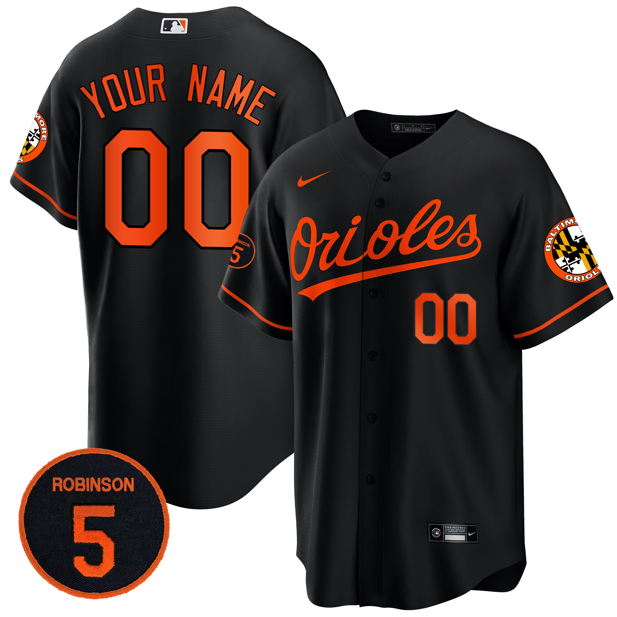 Baltimore Orioles Robinson Patch Cool Base Custom Black Jersey - All Stitched