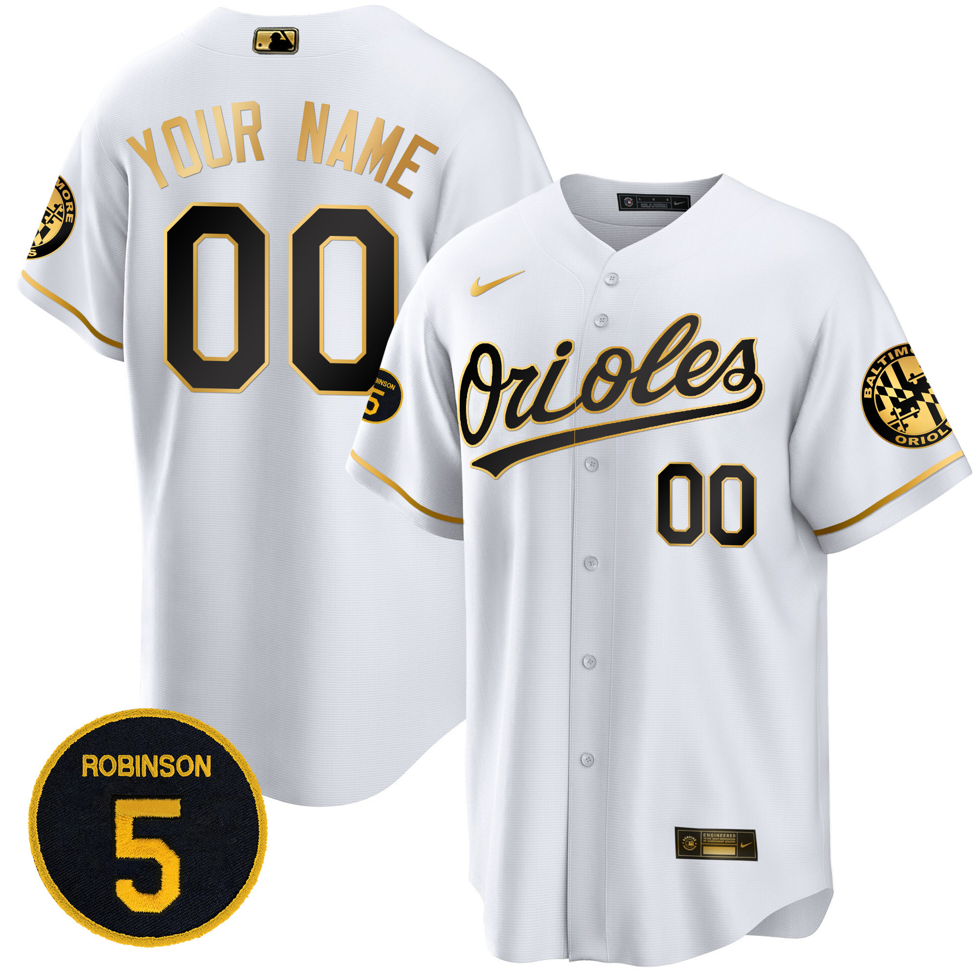 Baltimore Orioles Robinson Patch Cool Base Custom White Gold Jersey - All Stitched
