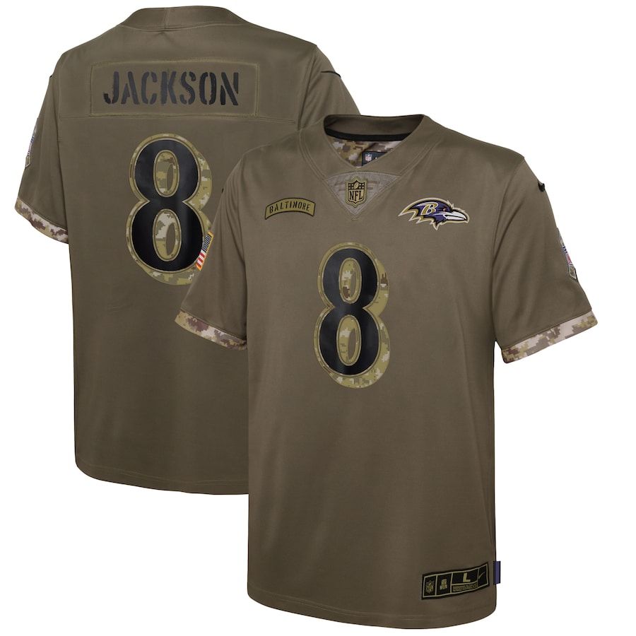 Baltimore Ravens #8 Lamar Jackson Youth 2022 Salute To Service Jersey – Olive