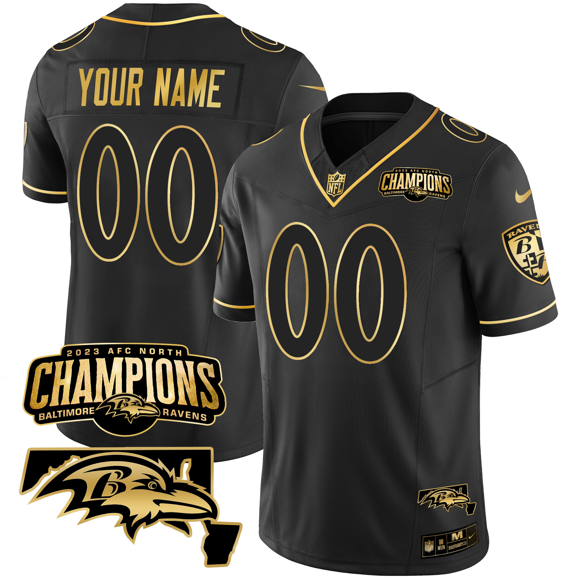 Baltimore Ravens 2023 Afc North Champions Maryland Patch Gold Vapor Custom Black Gold Jersey All Stitched
