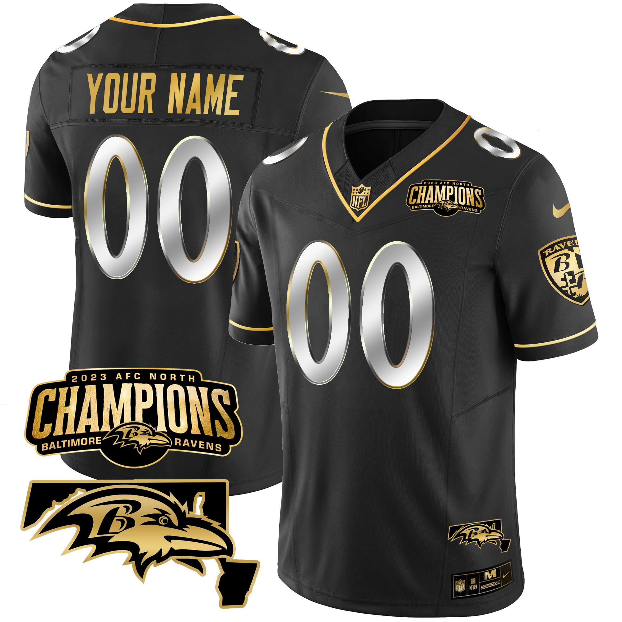 Baltimore Ravens 2023 Afc North Champions Maryland Patch Gold Vapor Custom Black Limited Jersey All Stitched
