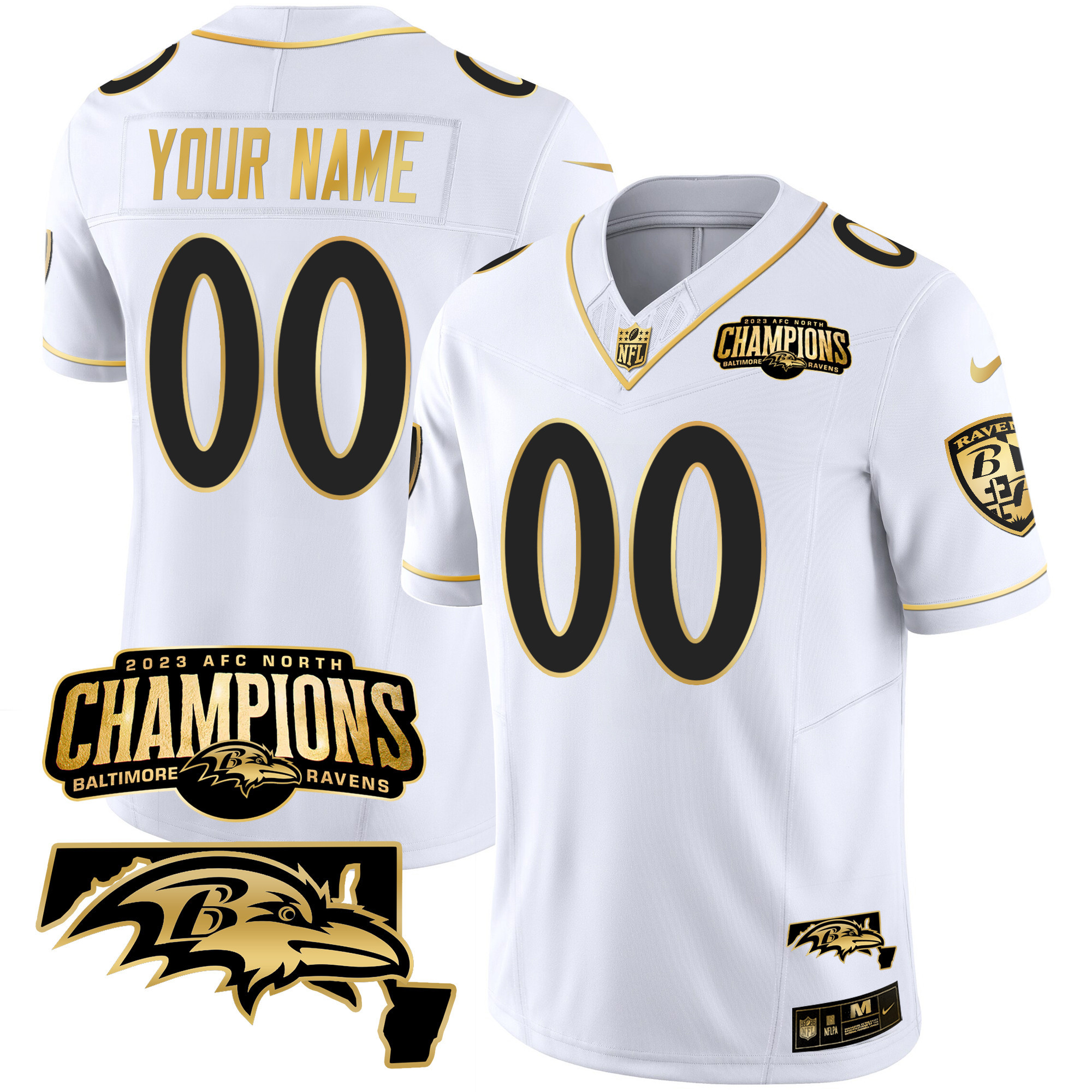 Baltimore Ravens 2023 Afc North Champions Maryland Patch Gold Vapor Custom White Gold Jersey All Stitched