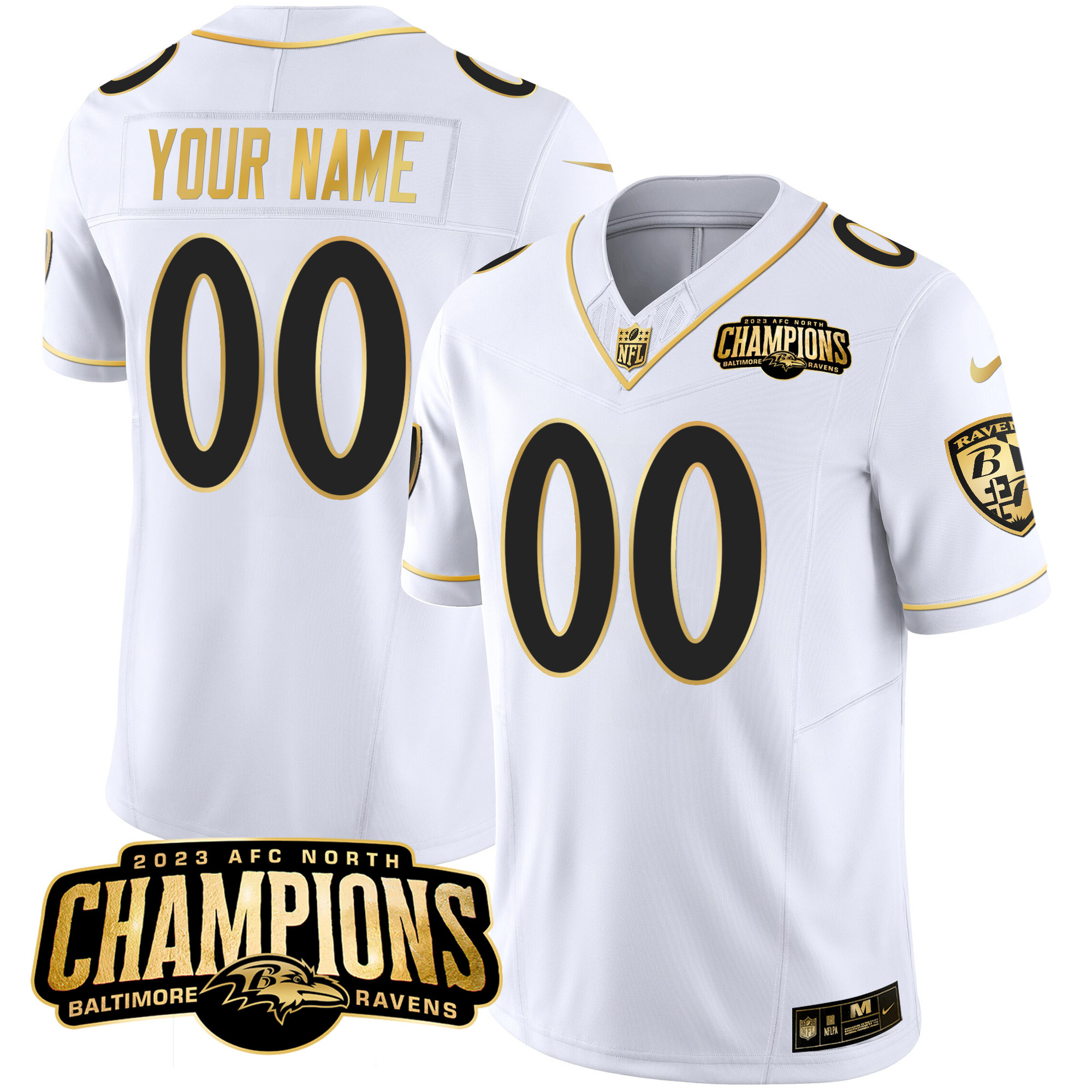 Baltimore Ravens 2023 Afc North Champions Patch Gold Vapor Custom White Gold Jersey All Stitched