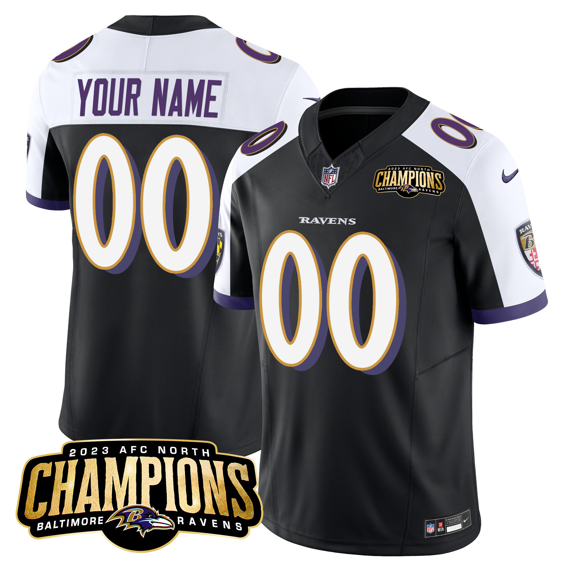 Baltimore Ravens 2023 Afc North Champions Patch Vapor Limited Custom Black Alternate Jersey All Stitched