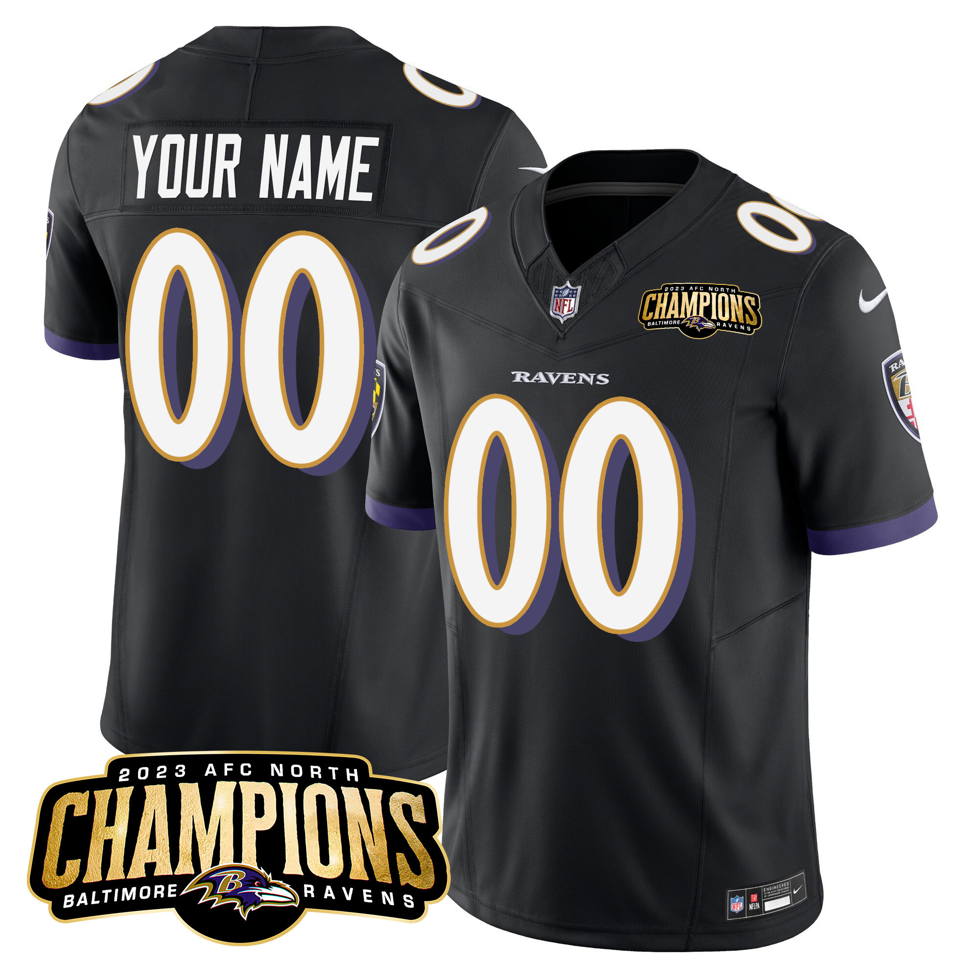 Baltimore Ravens 2023 Afc North Champions Patch Vapor Limited Custom Black Jersey All Stitched