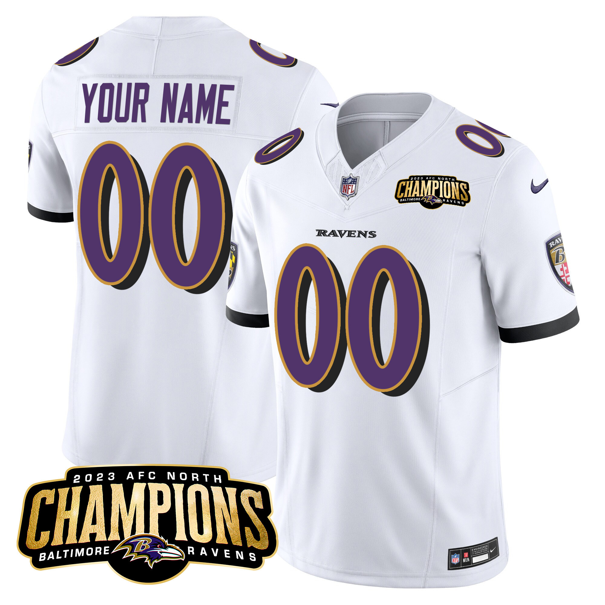 Baltimore Ravens 2023 Afc North Champions Patch Vapor Limited Custom White Jersey All Stitched