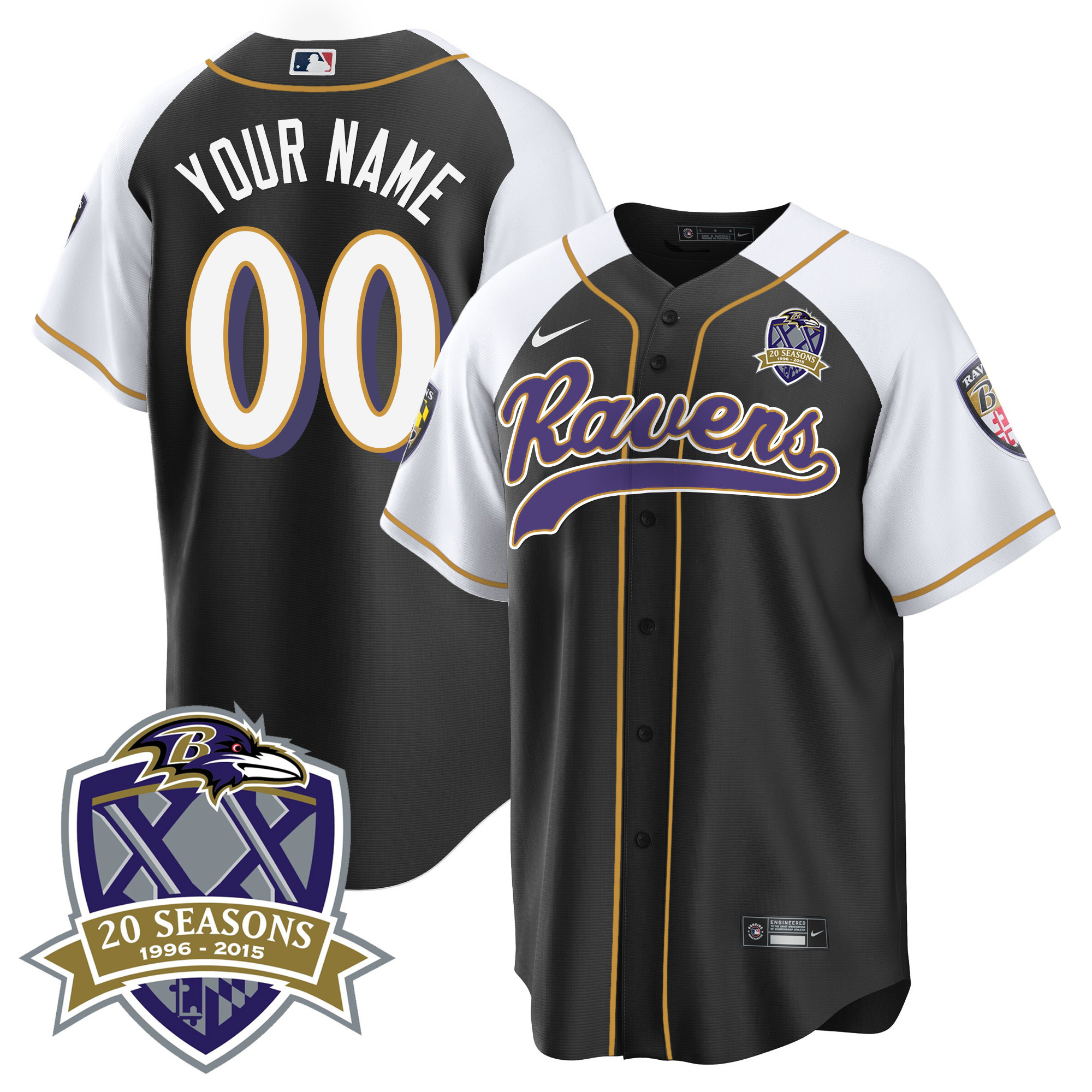 Baltimore Ravens 20Th Season Patch Baseball Custom Black Alternate Jersey All Stitched
