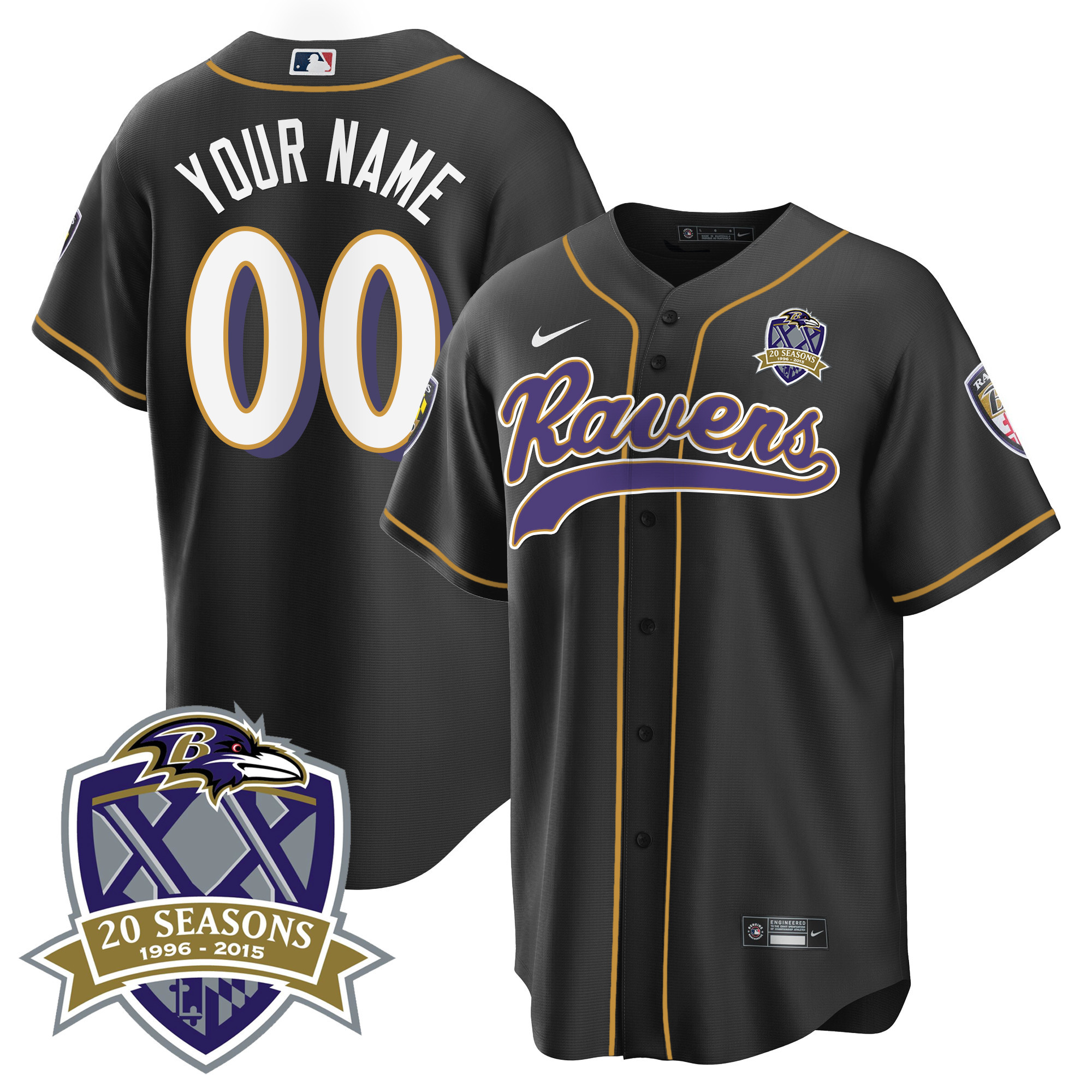 Baltimore Ravens 20Th Season Patch Baseball Custom Black Jersey All Stitched