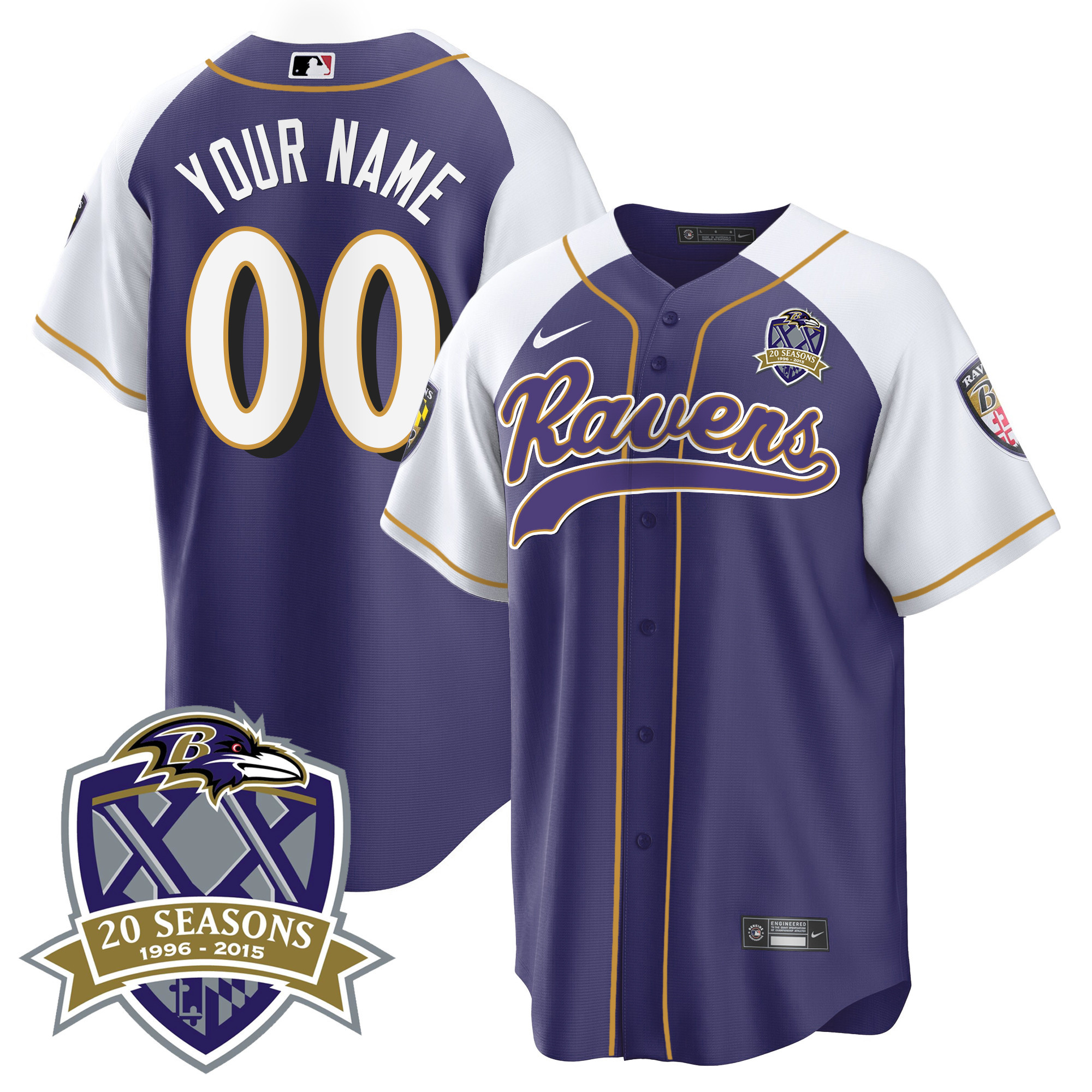 Baltimore Ravens 20Th Season Patch Baseball Custom Purple Alternate Jersey All Stitched