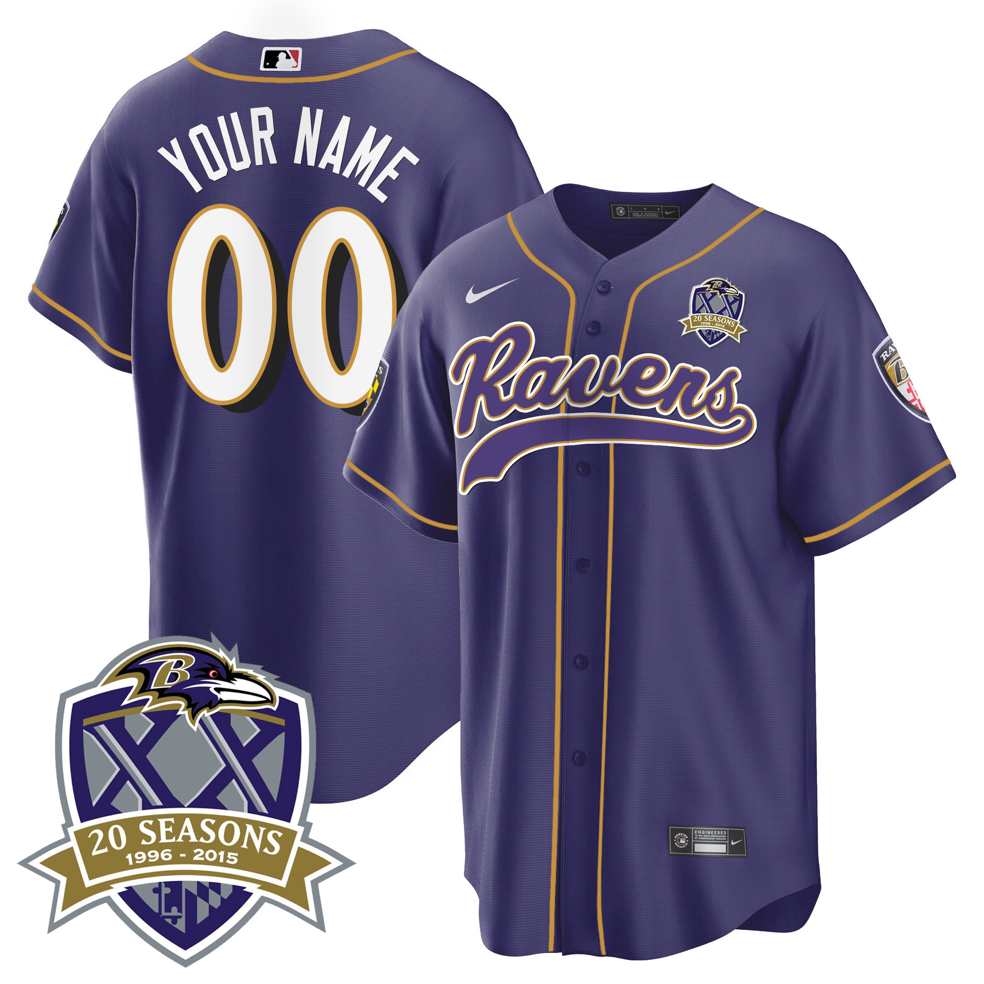 Baltimore Ravens 20Th Season Patch Baseball Custom Purple Jersey All Stitched
