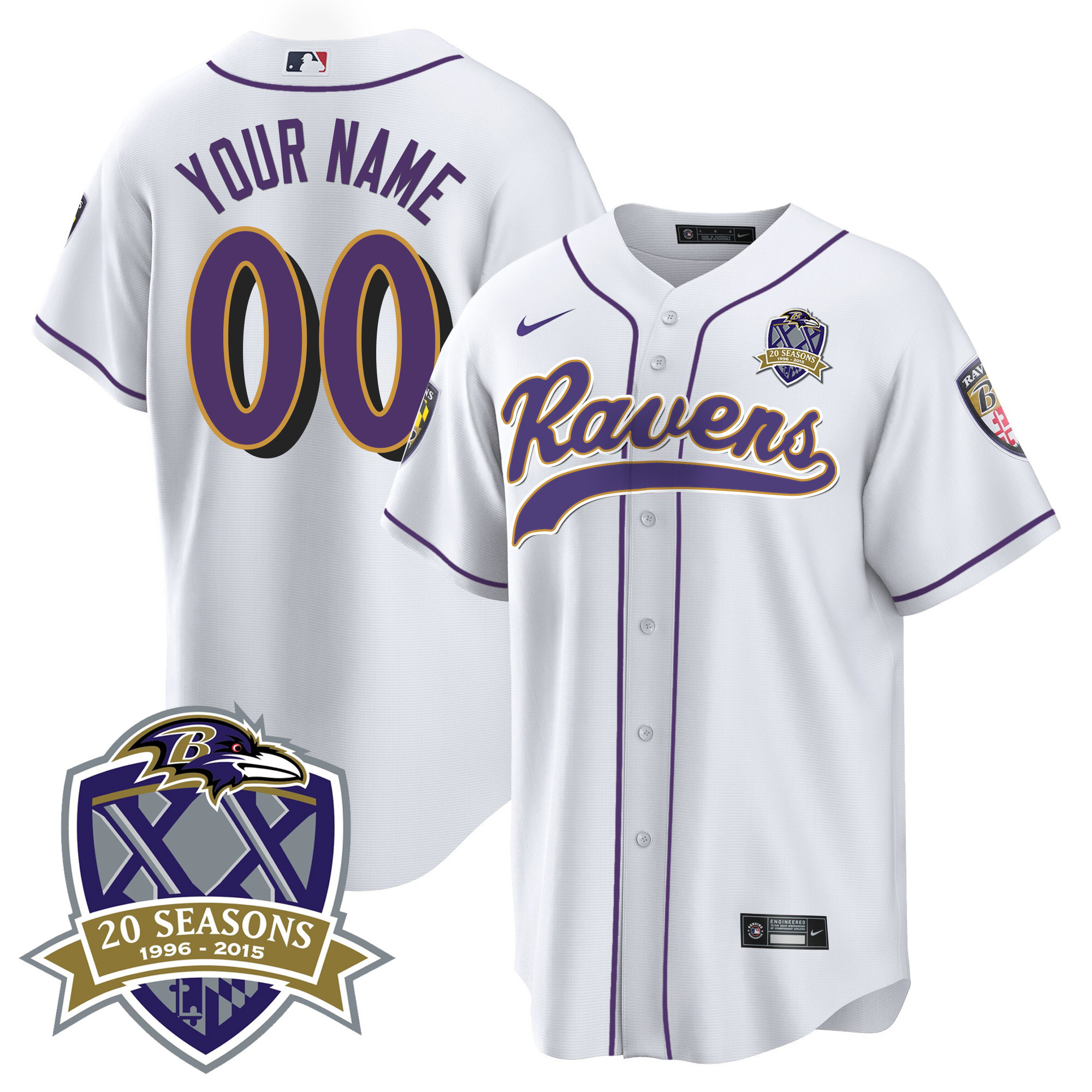 Baltimore Ravens 20Th Season Patch Baseball Custom White Jersey All Stitched