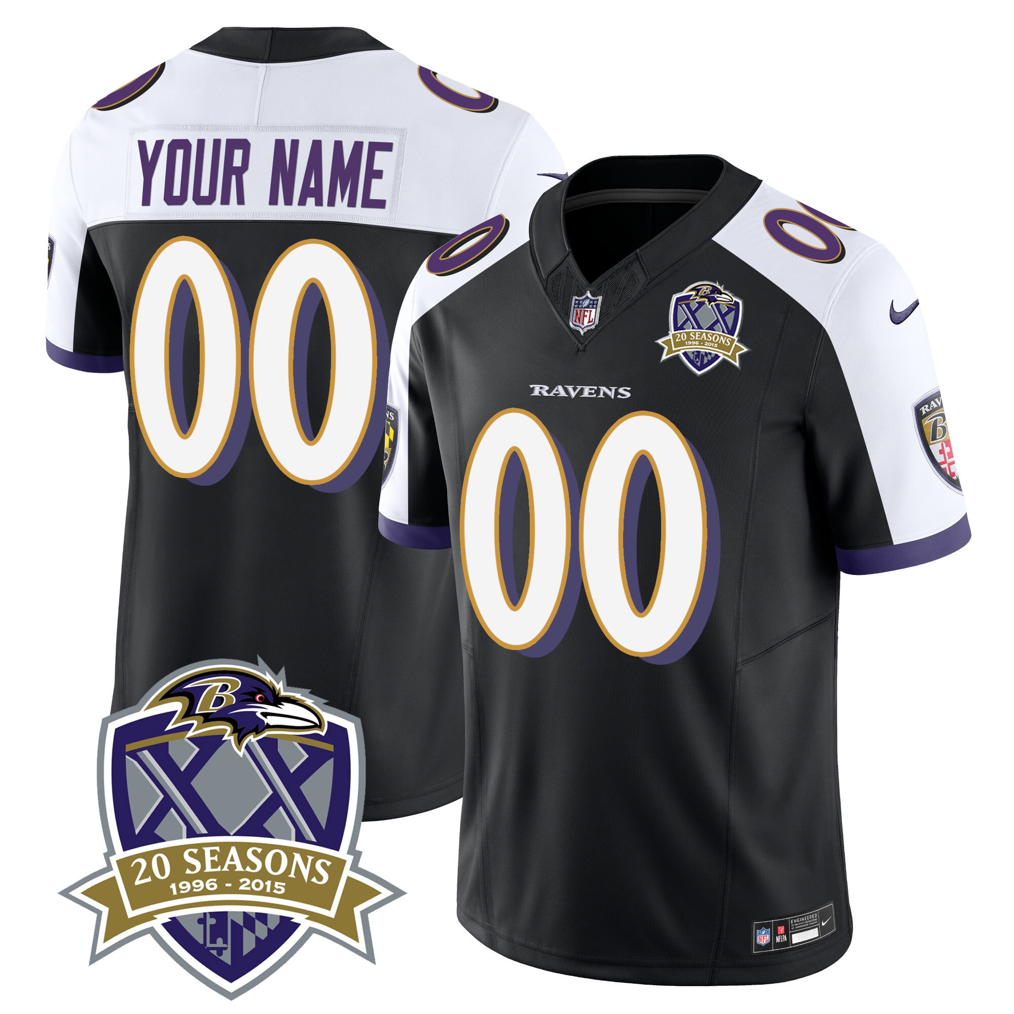 Baltimore Ravens 20Th Season Patch Vapor Limited Custom Black Alternate Jersey All Stitched