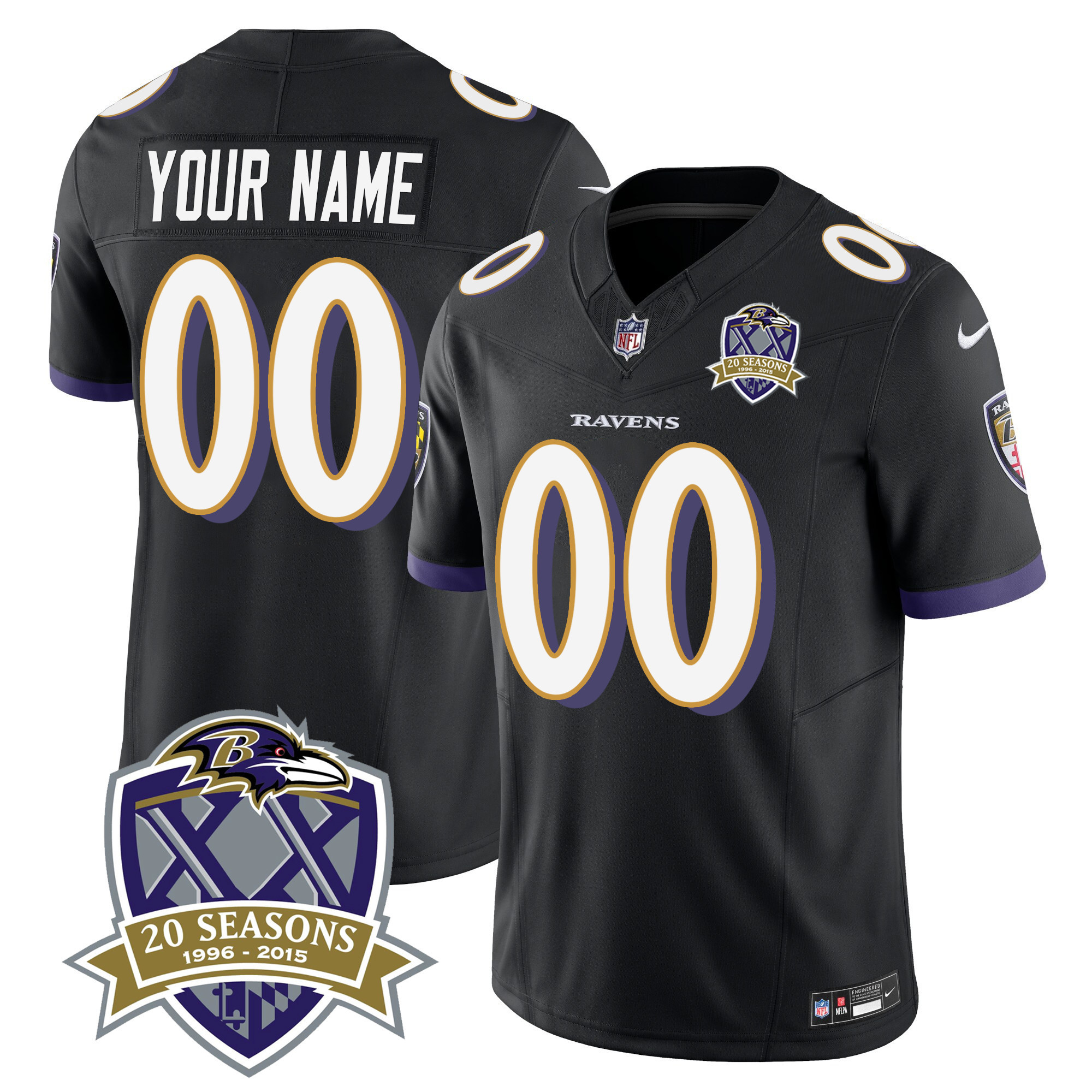 Baltimore Ravens 20Th Season Patch Vapor Limited Custom Black Jersey All Stitched