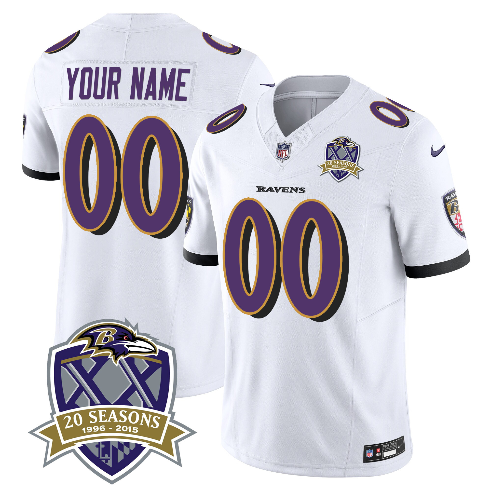 Baltimore Ravens 20Th Season Patch Vapor Limited Custom White Jersey All Stitched