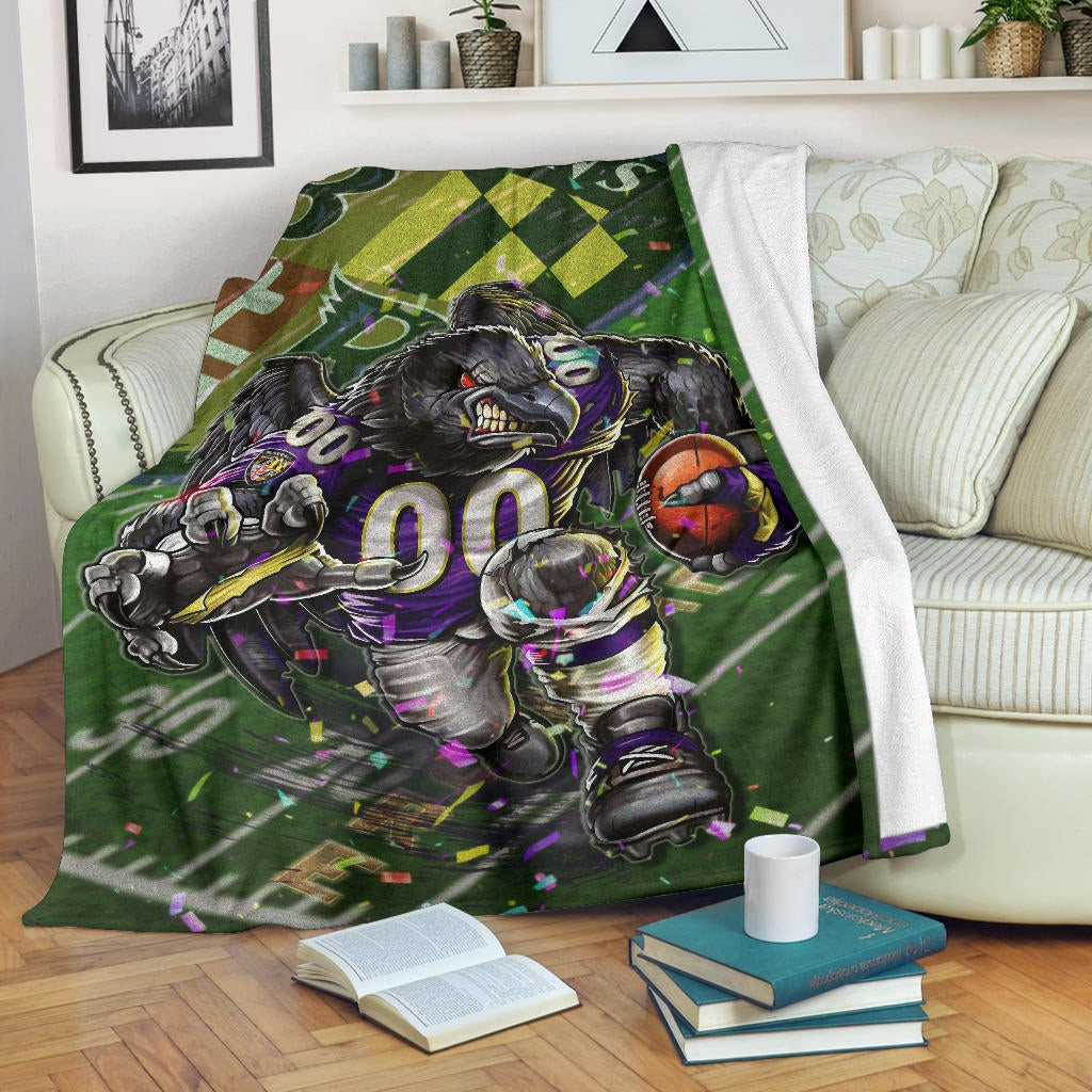 Baltimore Ravens American Football Team Fleece Blanket Angry Muscle Raven Holding Rugby Ball Running On Field Fleece Blankets