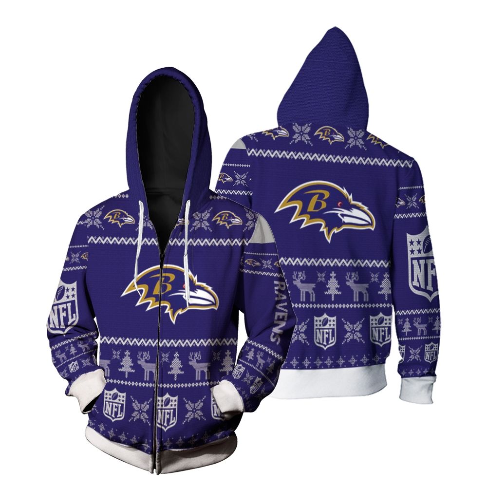 Baltimore Ravens Christmas 3D Zip Hoodie