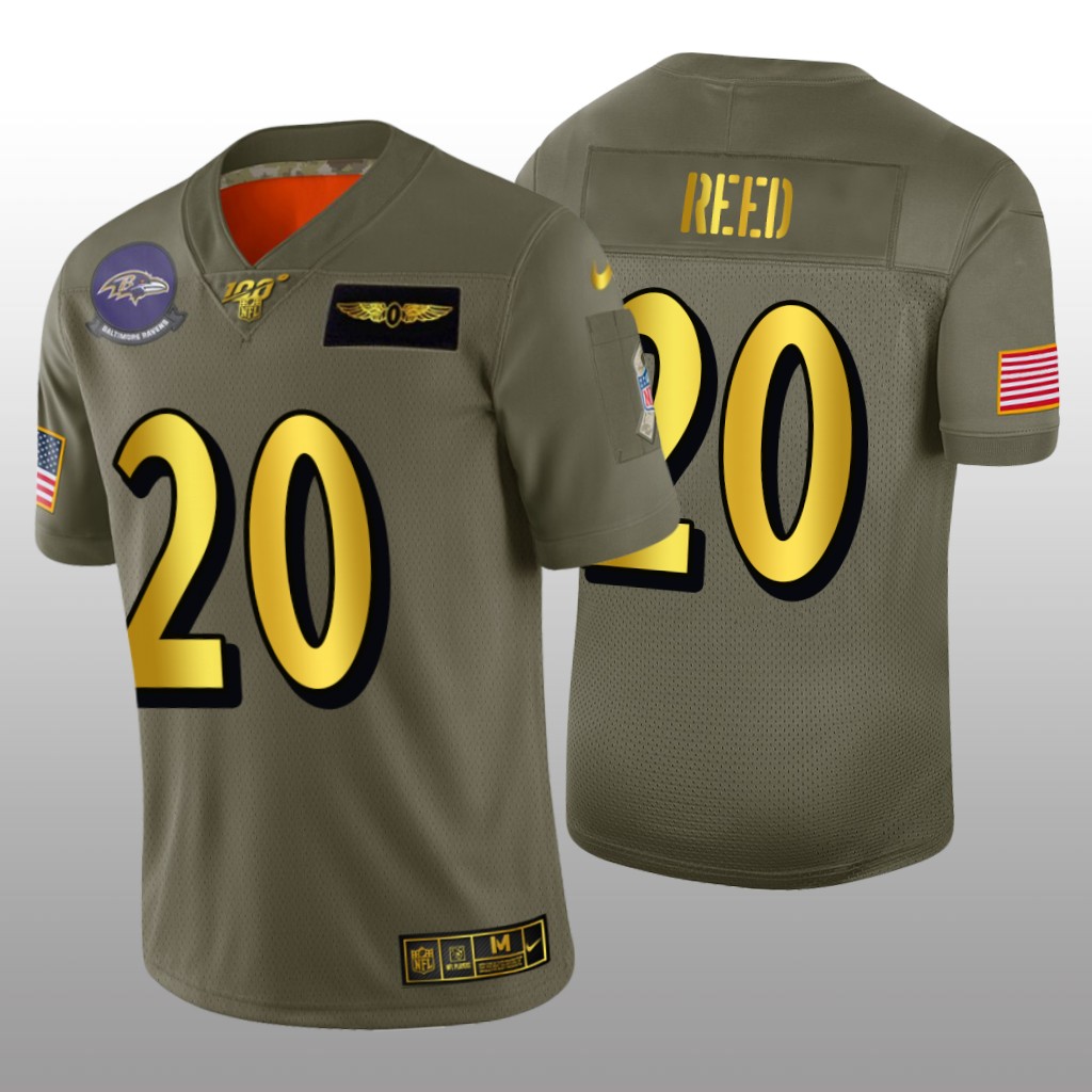 Baltimore Ravens Ed Reed Olive Golden NFL 100 Jersey 2019 Salute to Service - Men's