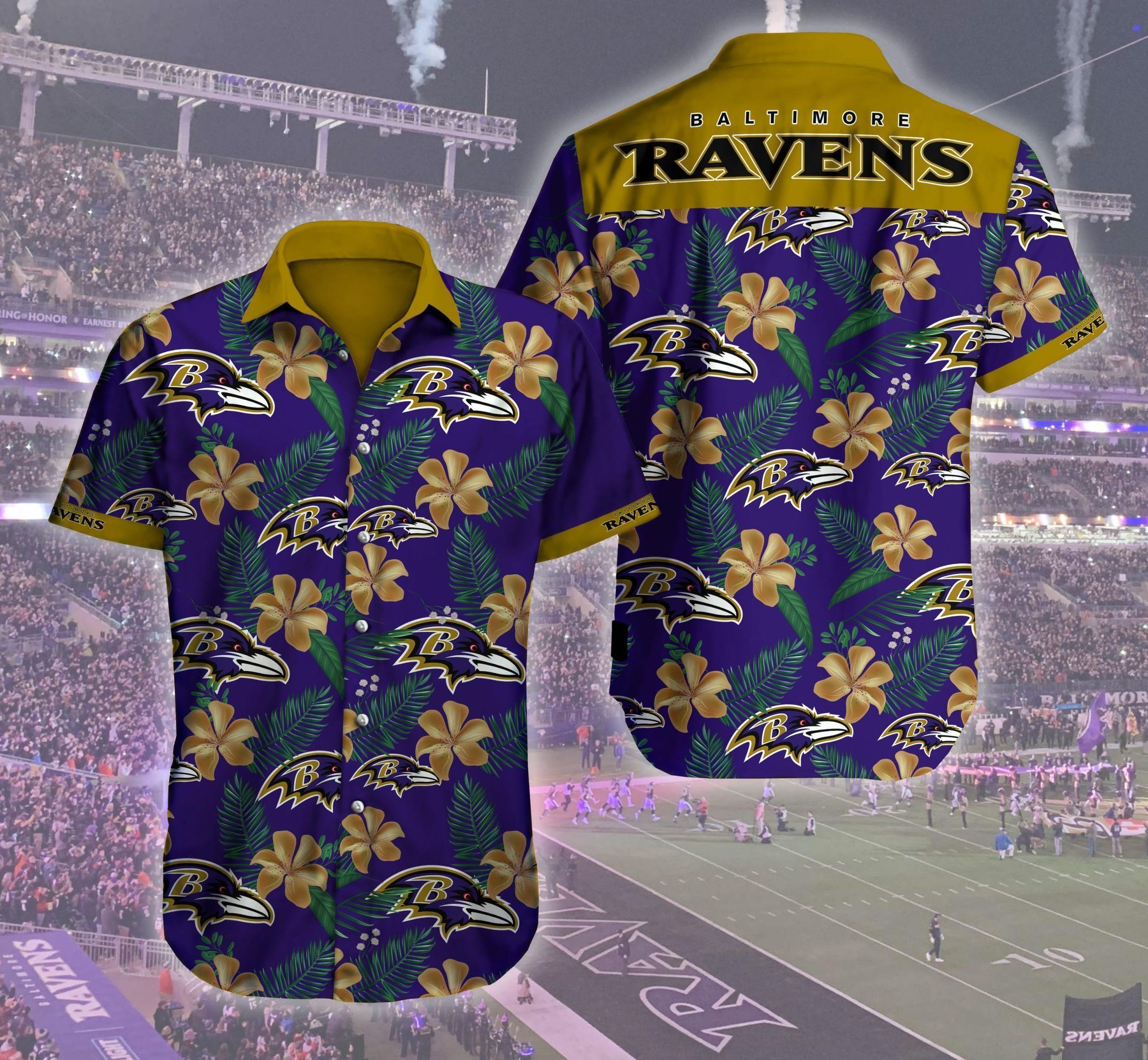Baltimore Ravens Many Logo and Floral Hawaiian Shirt