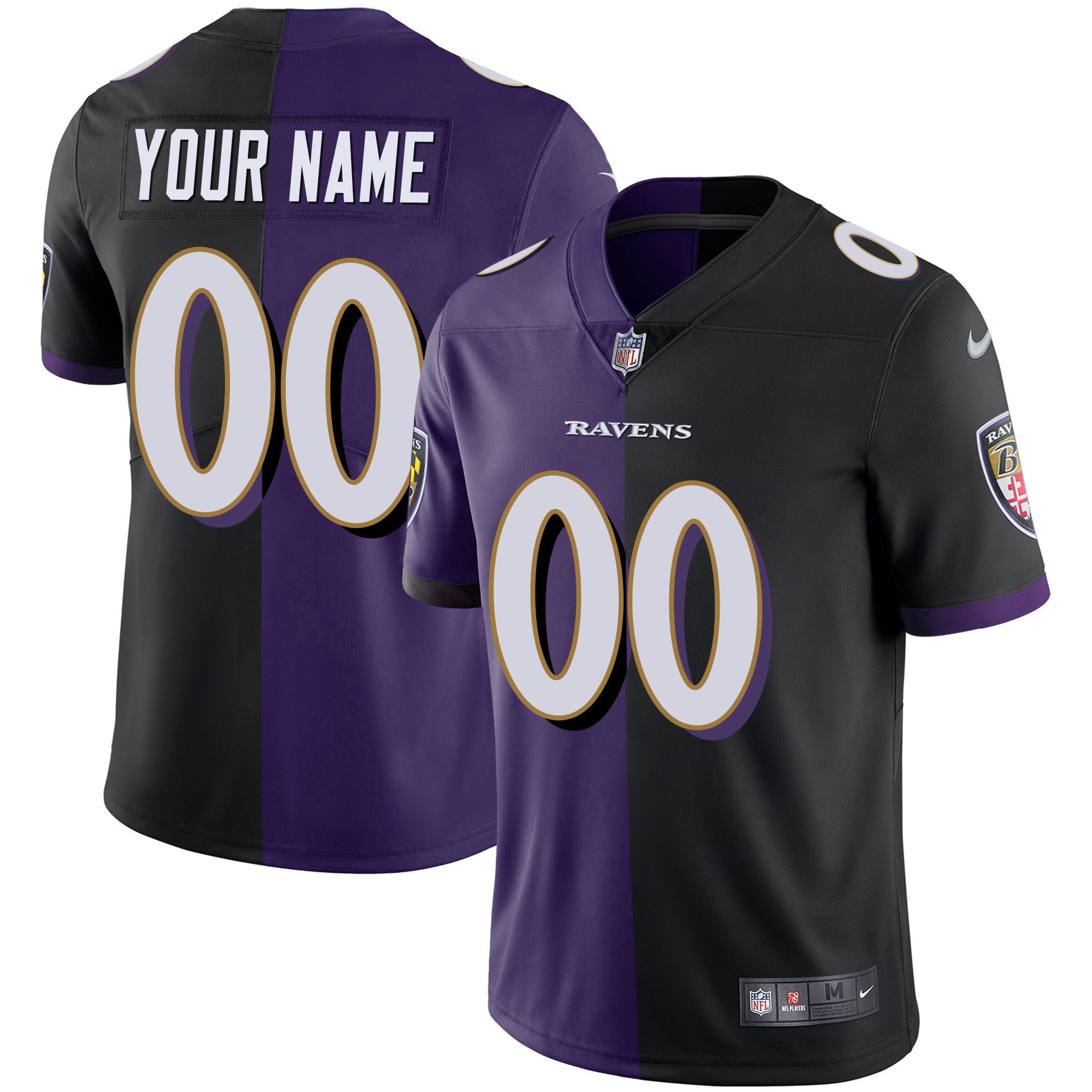 Baltimore Ravens Vapor Gold Custom Name And Number All Stitched Split Black Purple Jersey All Stitched