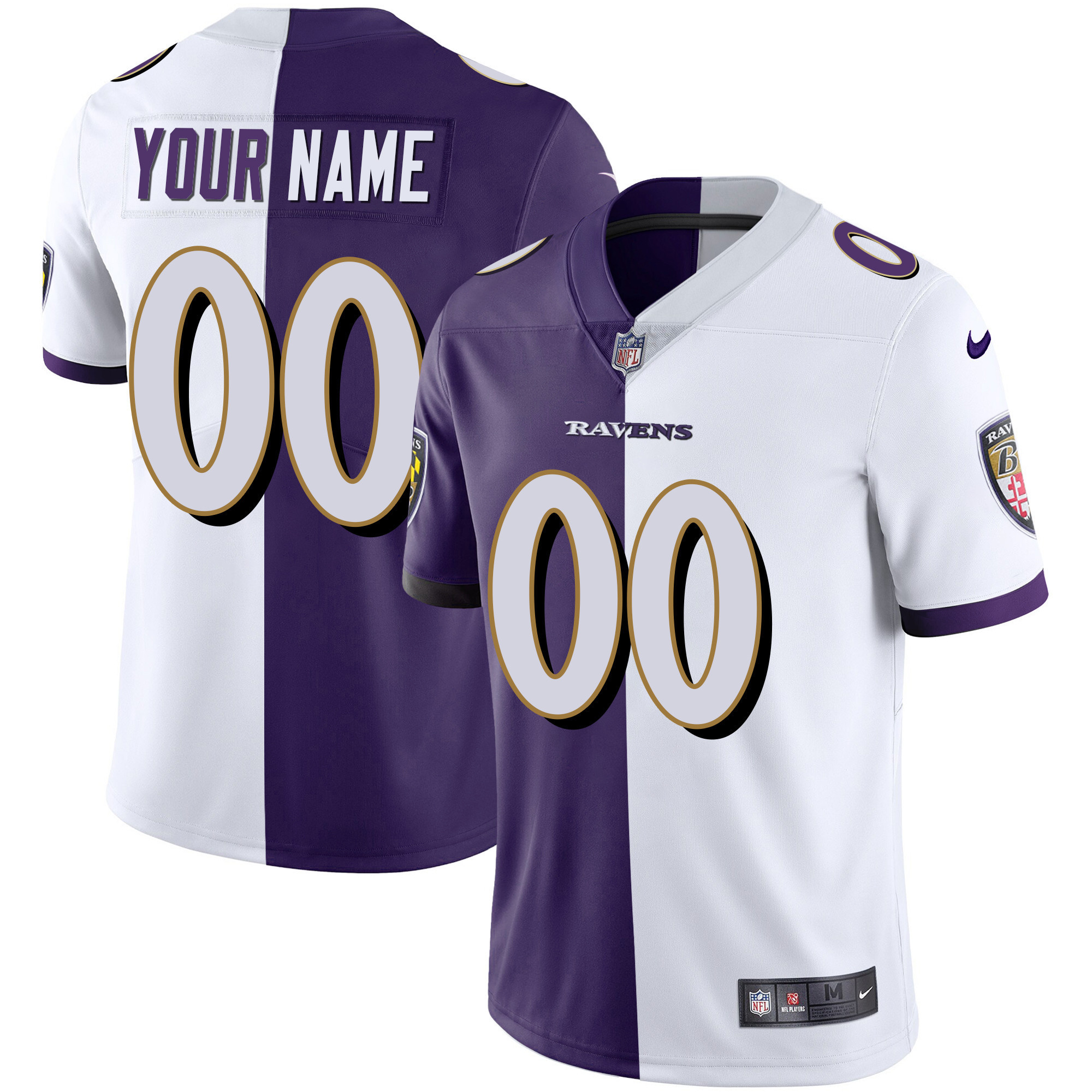 Baltimore Ravens Vapor Gold Custom Name And Number All Stitched Split White Purple Jersey All Stitched