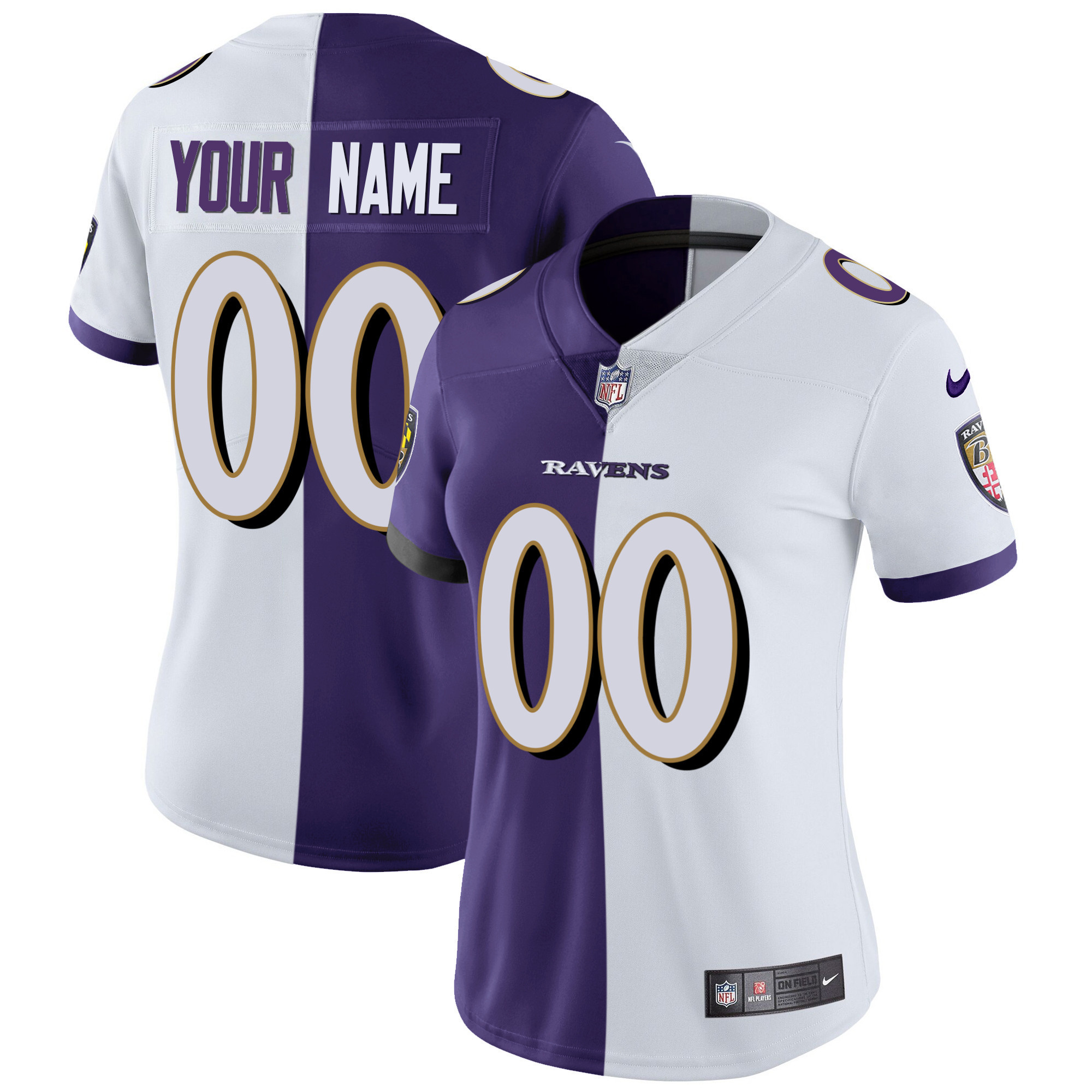 Baltimore Ravens Vapor Gold Custom Name And Number All Stitched Split White Purple Jersey All Stitched