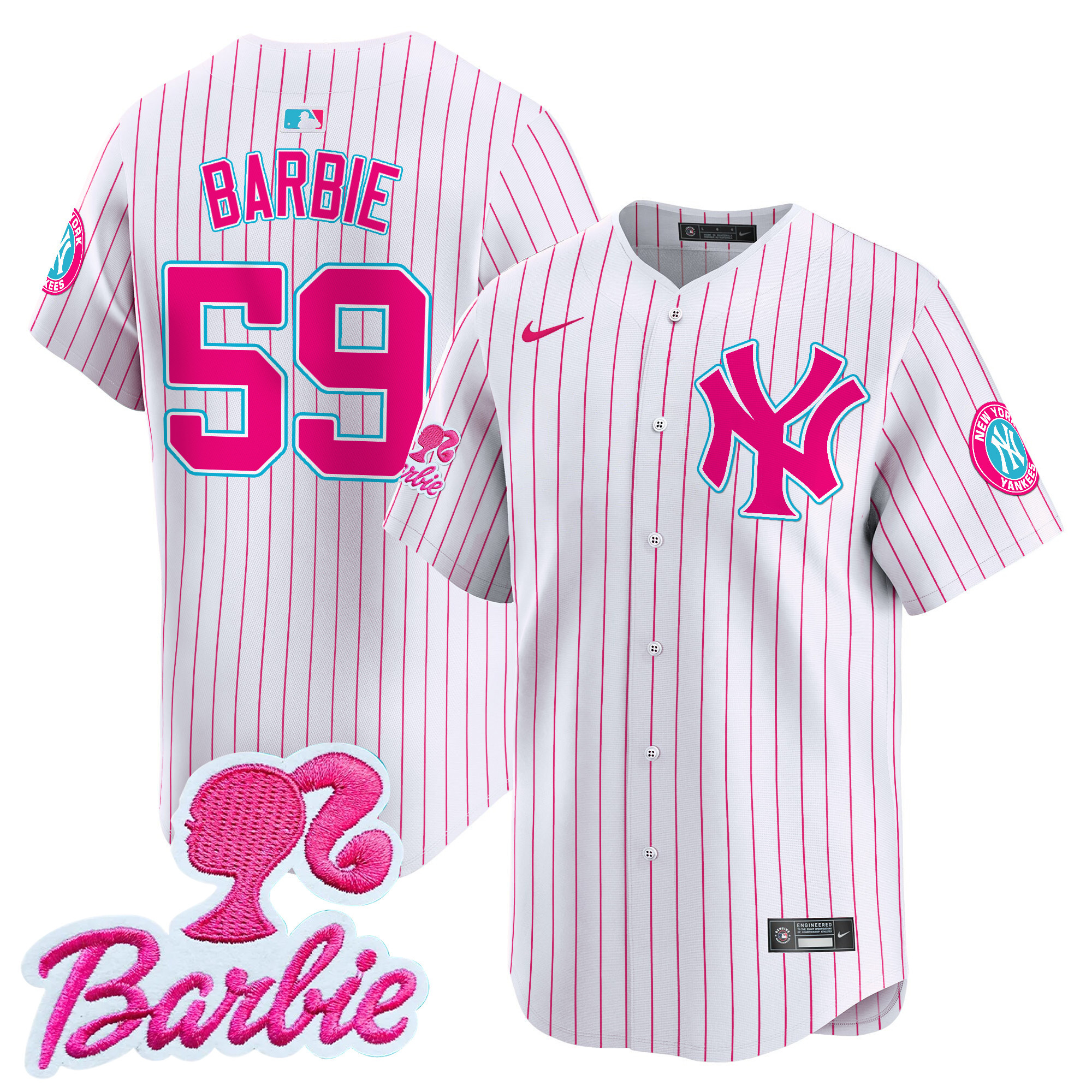 BarbieUnisex New York Yankees Barbie Patch Vapor Premier Limited Pink Stripe Jersey - All Stitched