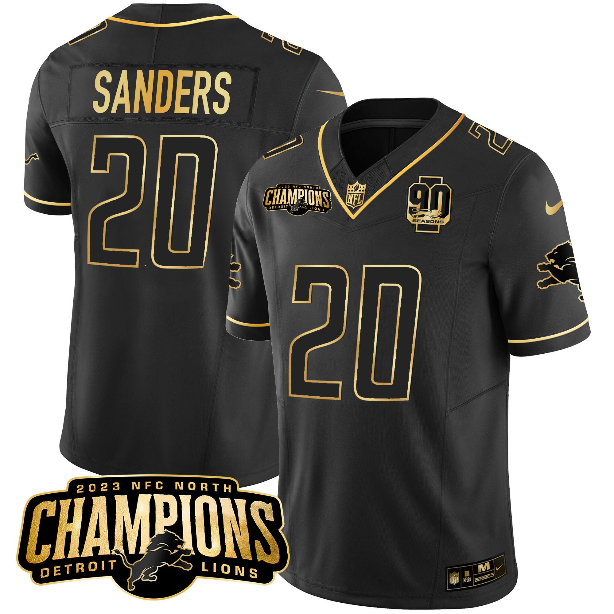 Barry Sanders Men's Detroit Lions 2023 NFC North Champions Patch Gold Vapor Black Gold Jersey - All Stitched 