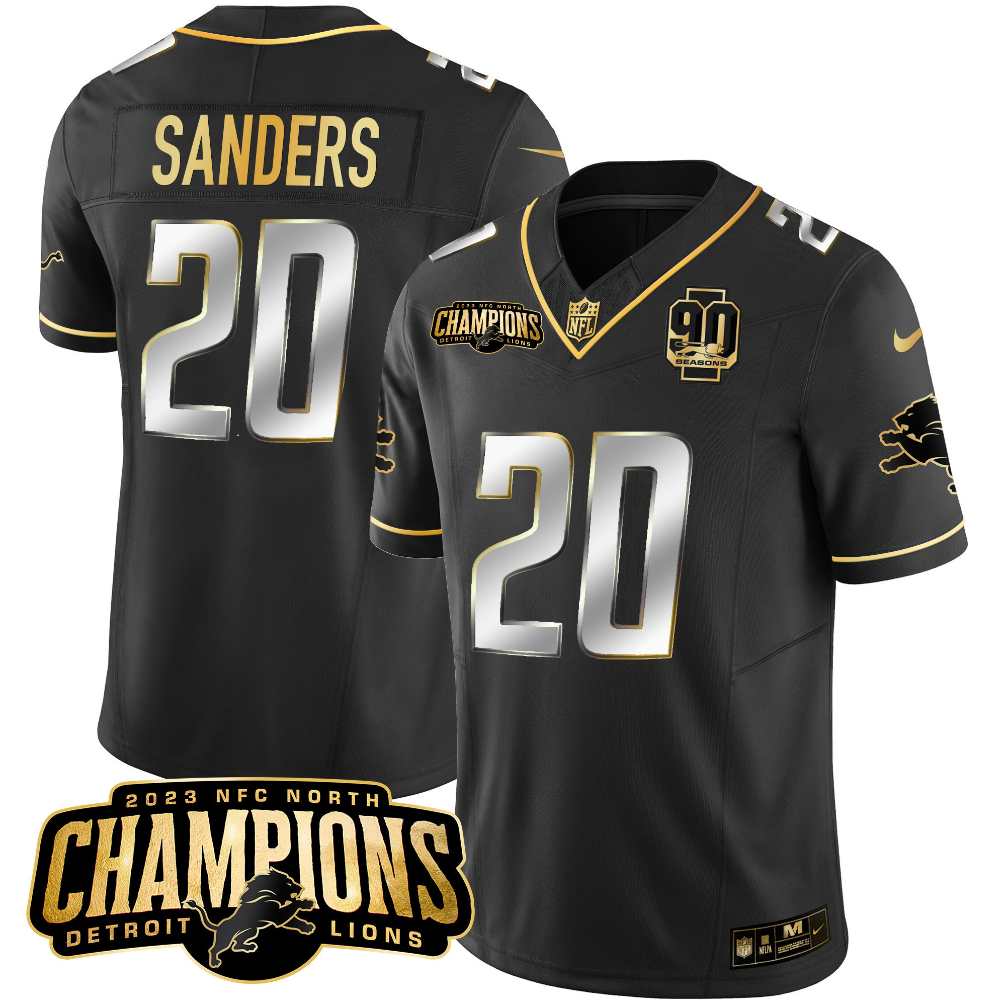 Barry Sanders Men's Detroit Lions 2023 NFC North Champions Patch Gold Vapor Black Limited Jersey - All Stitched 