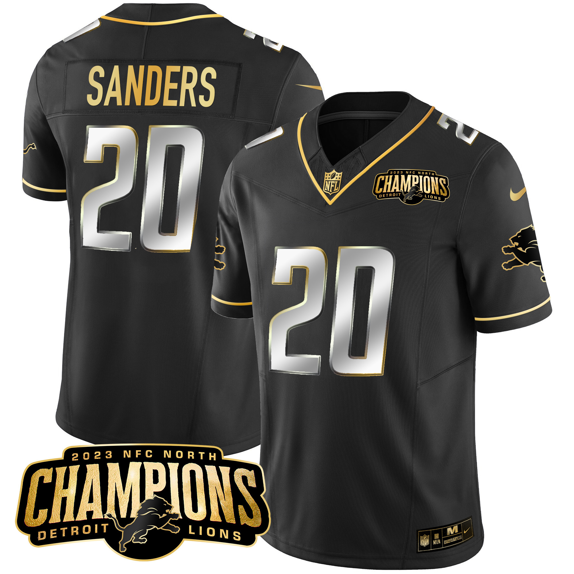 Barry Sanders Men's Detroit Lions 2023 NFC North Champions Patch Gold Vapor Black Limited Jersey - All Stitched 
