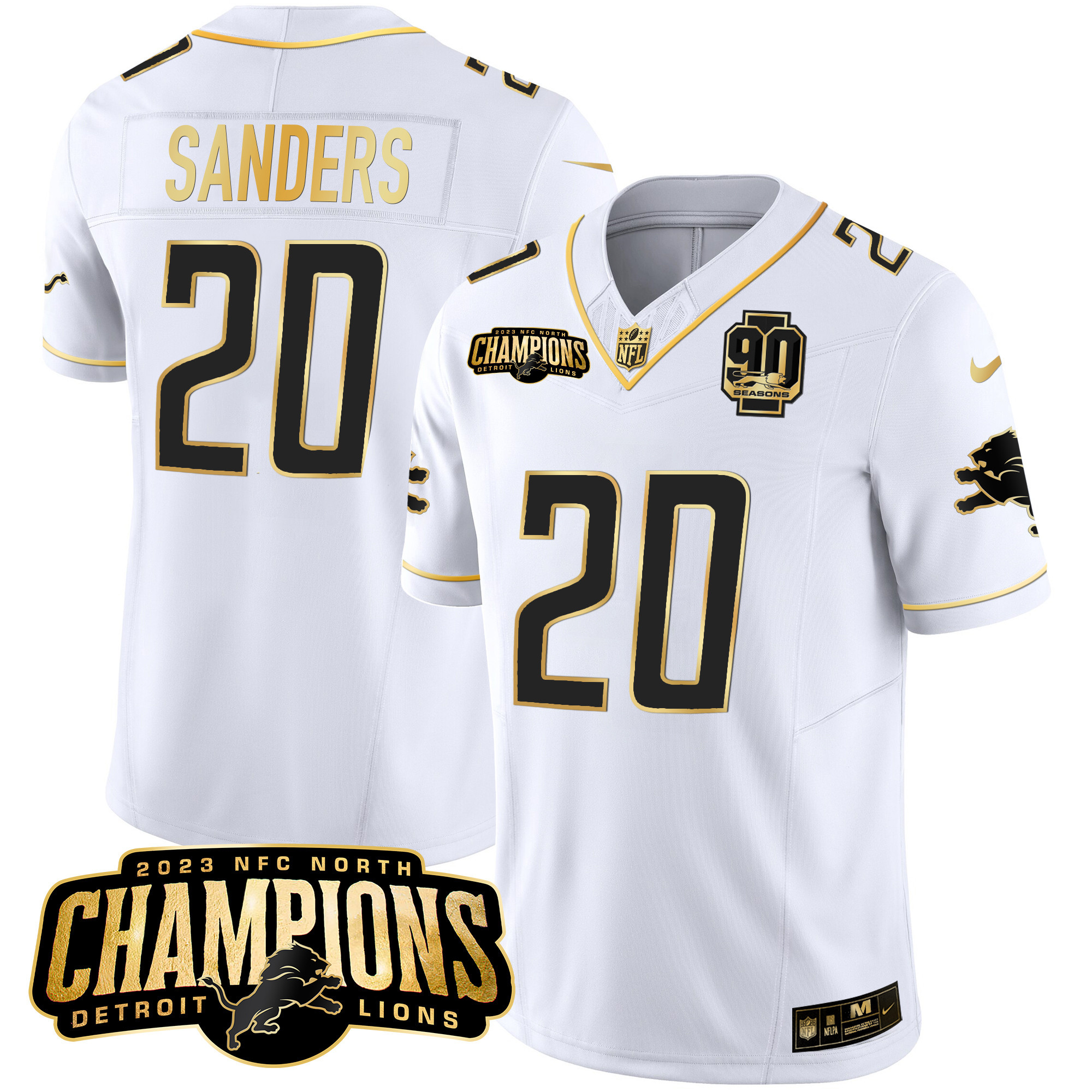 Barry Sanders Men's Detroit Lions 2023 NFC North Champions Patch Gold Vapor White Gold Jersey - All Stitched 
