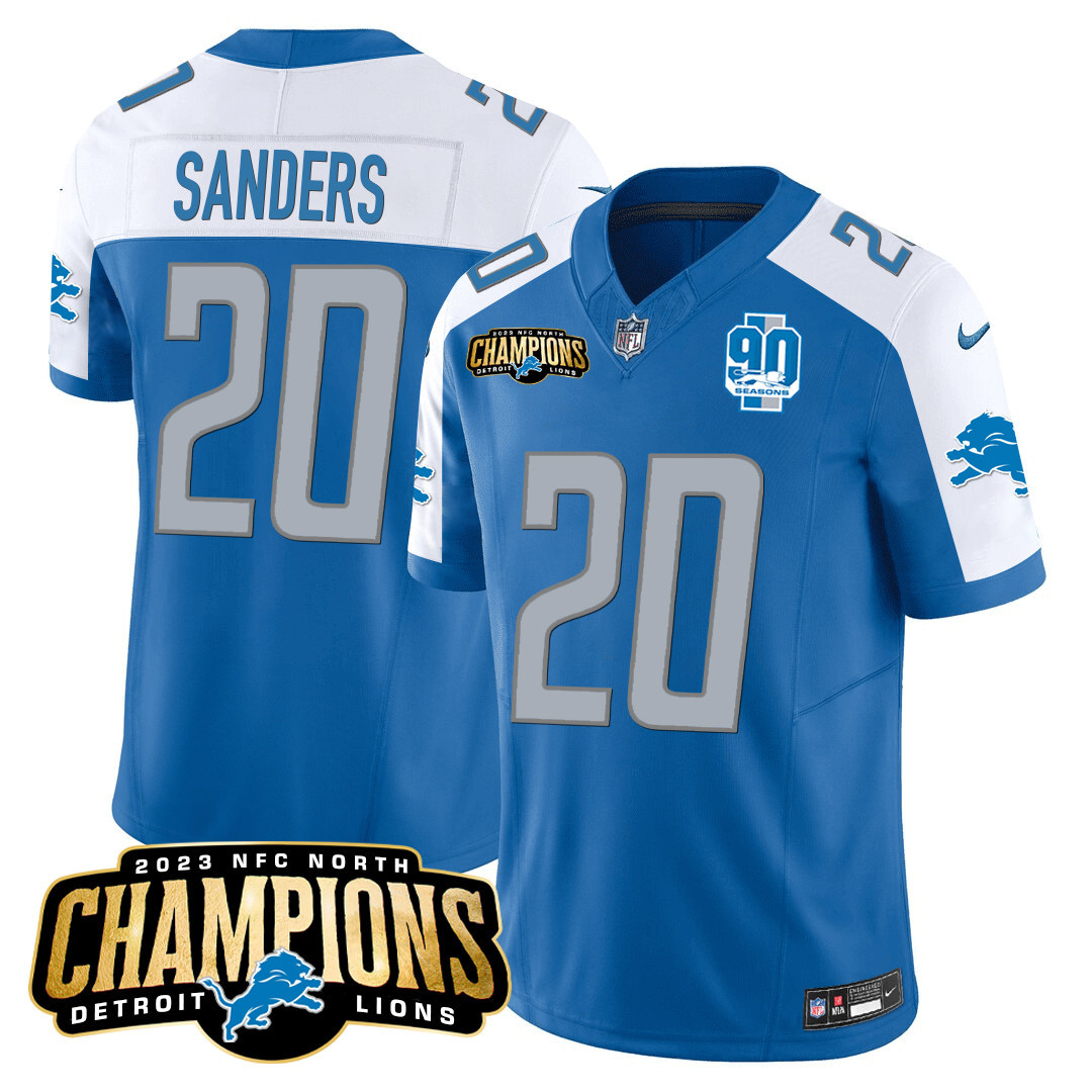 Barry Sanders Men's Detroit Lions 2023 NFC North Champions Patch Vapor Blue Alternate Jersey - All Stitched 