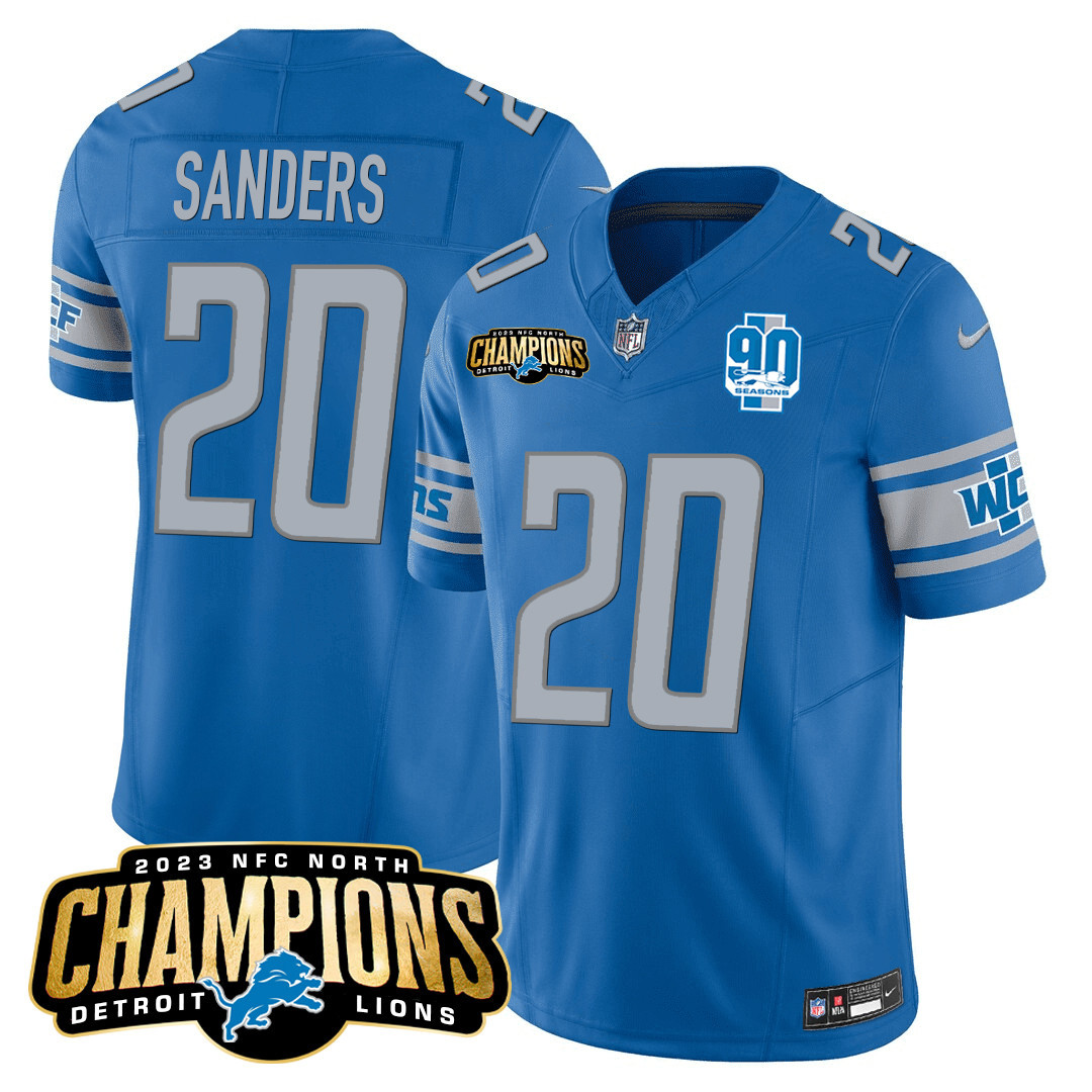 Barry Sanders Men's Detroit Lions 2023 NFC North Champions Patch Vapor Blue Jersey - All Stitched 