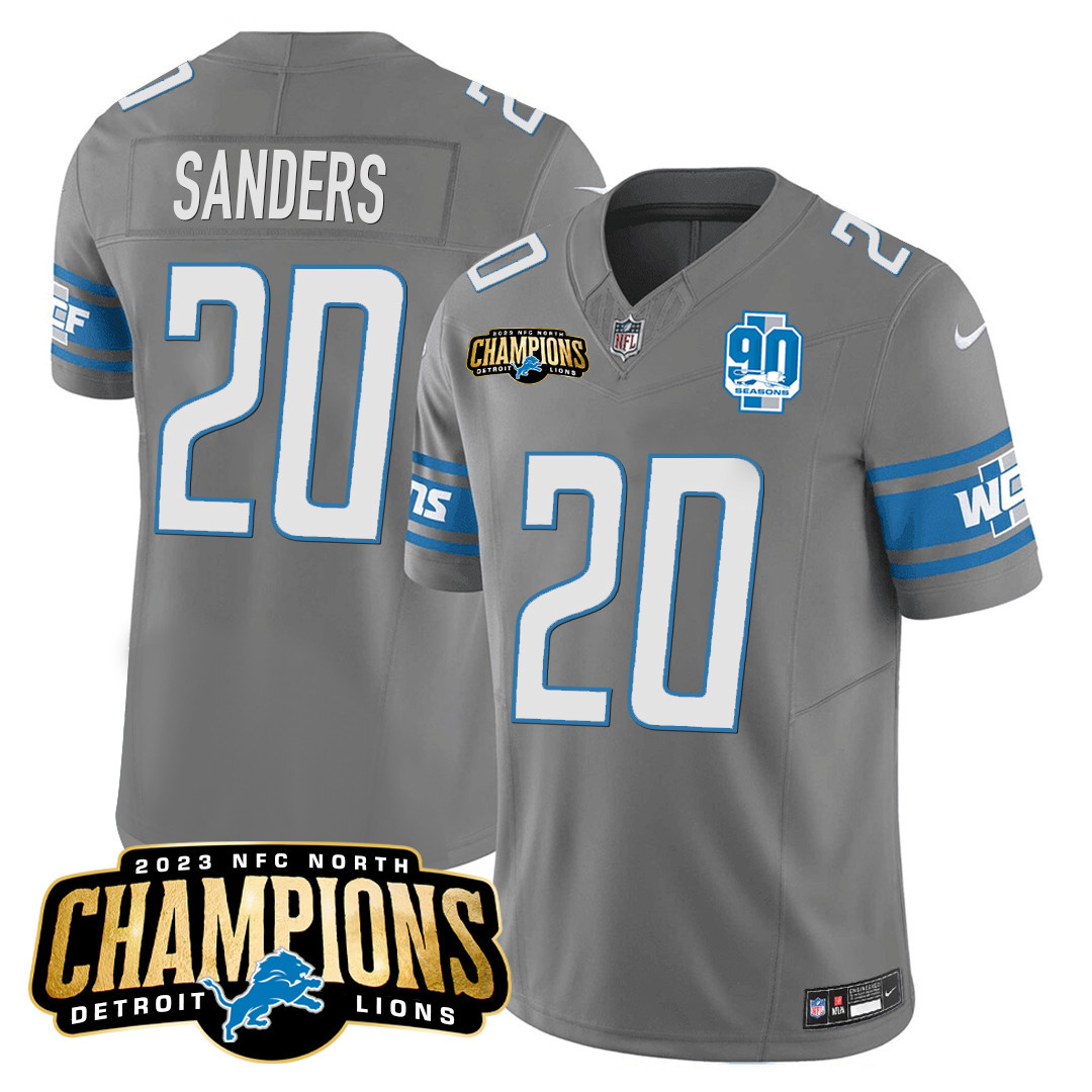 Barry Sanders Men's Detroit Lions 2023 NFC North Champions Patch Vapor Gray Jersey - All Stitched 