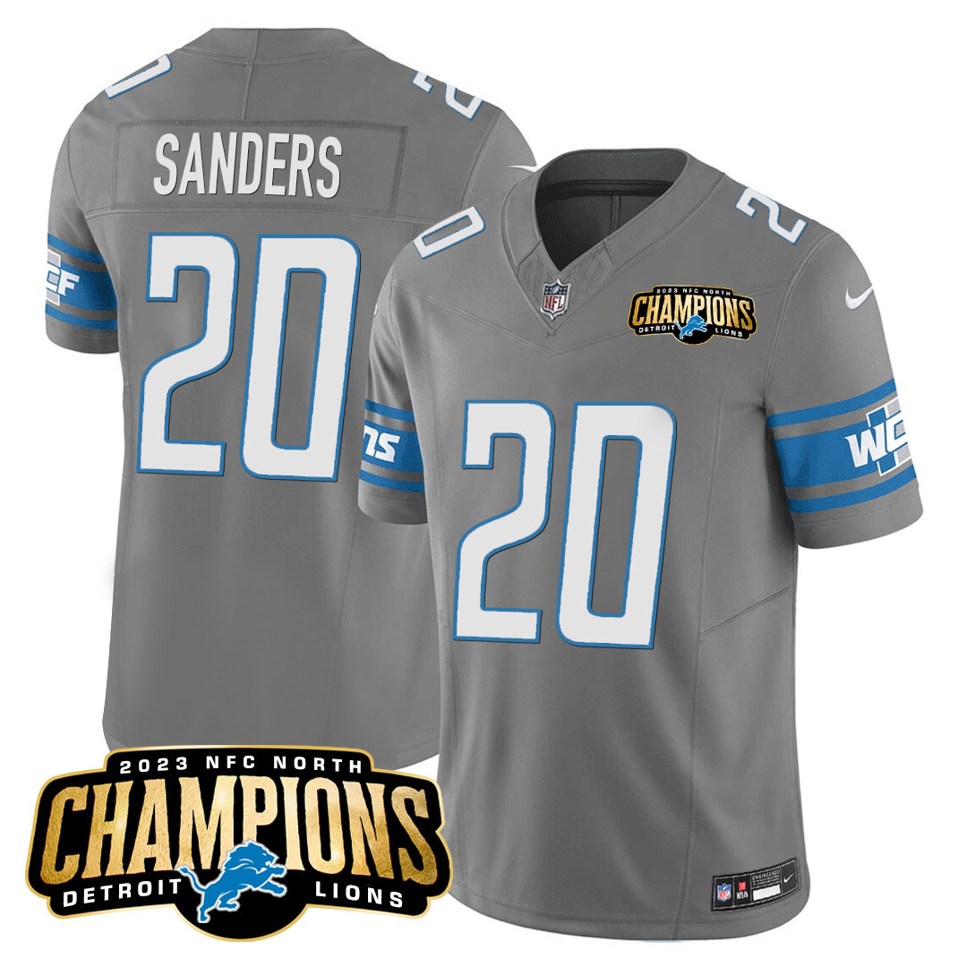 Barry Sanders Men's Detroit Lions 2023 NFC North Champions Patch Vapor Gray Jersey - All Stitched 